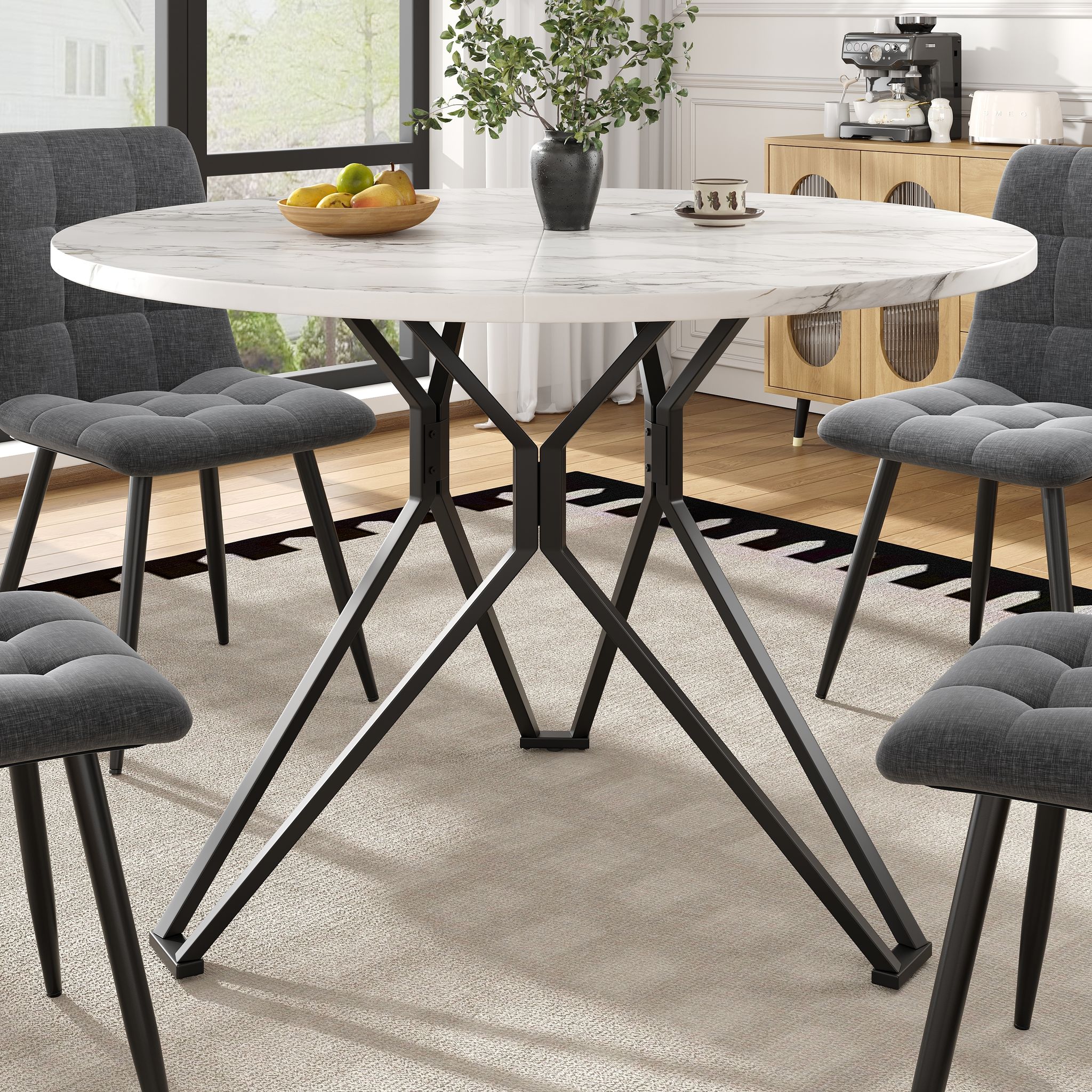 Table À Manger Ronde Pour 4 Personnes 100×100×76 Cm Pieds Métal Noir