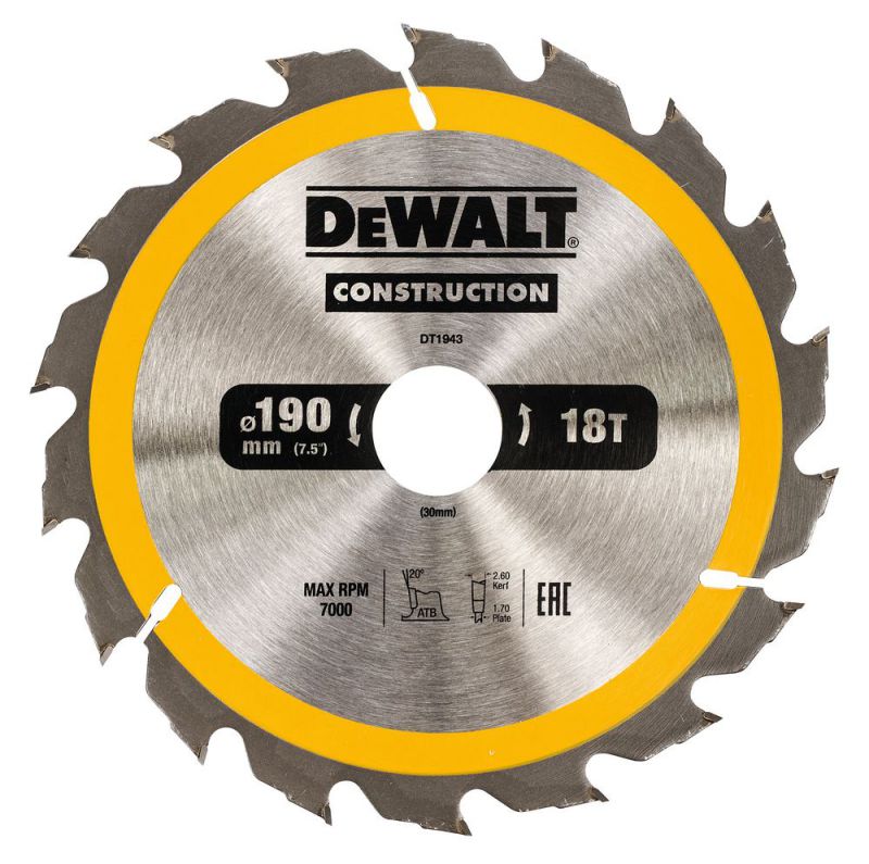 Dewalt Dt1943-Qz Kreissägeblatt 190 X 30 Mm, 18 Zähne, Genageltes Holz