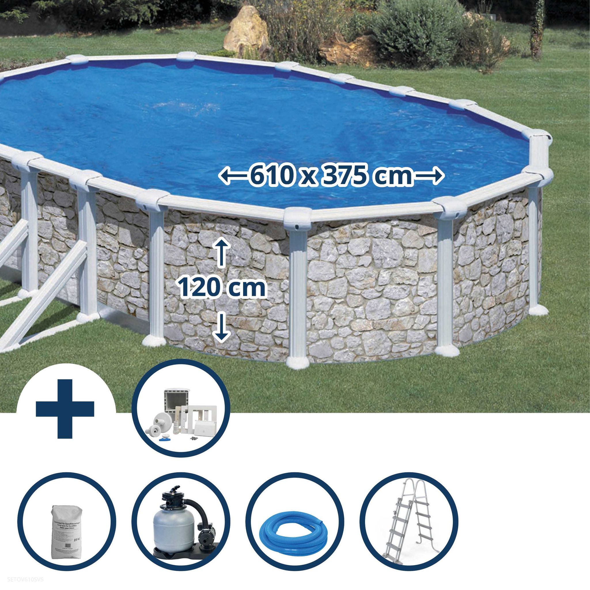 Gre - Stahlwandpool Set (6-teilig) Hoch Oval 610 X 375 X 120 Cm, Stahl 0,45mm Steinoptik Folie 0,3mm Blau