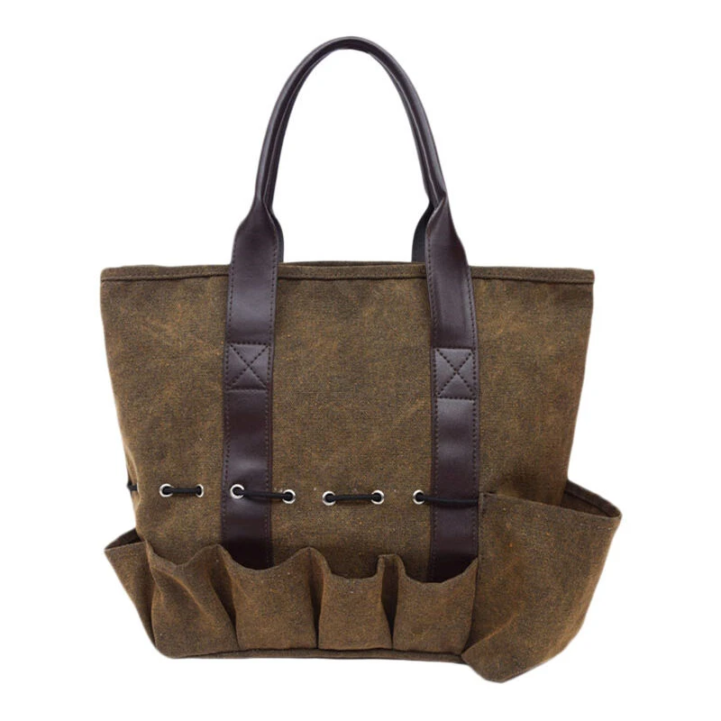Sac de jardin en toile pour outils, double poignée, 6 poches extérieures et poche centrale, marron