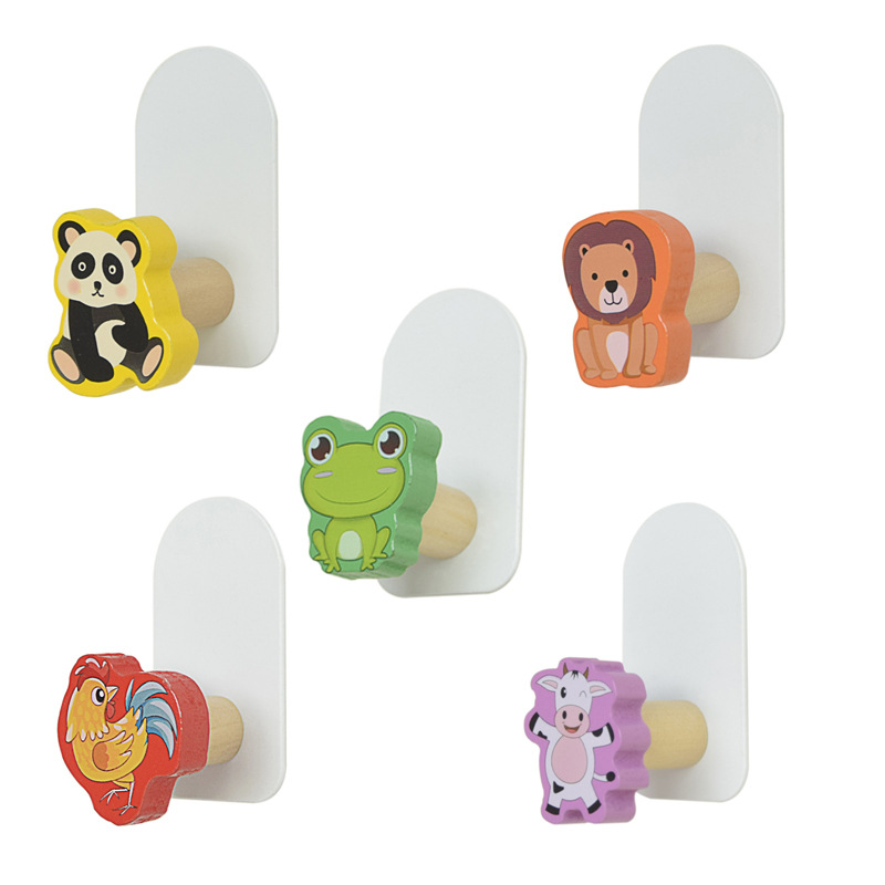 Crochets muraux adhésifs en forme d'animaux, sans perçage, métal et bois, lot de 5