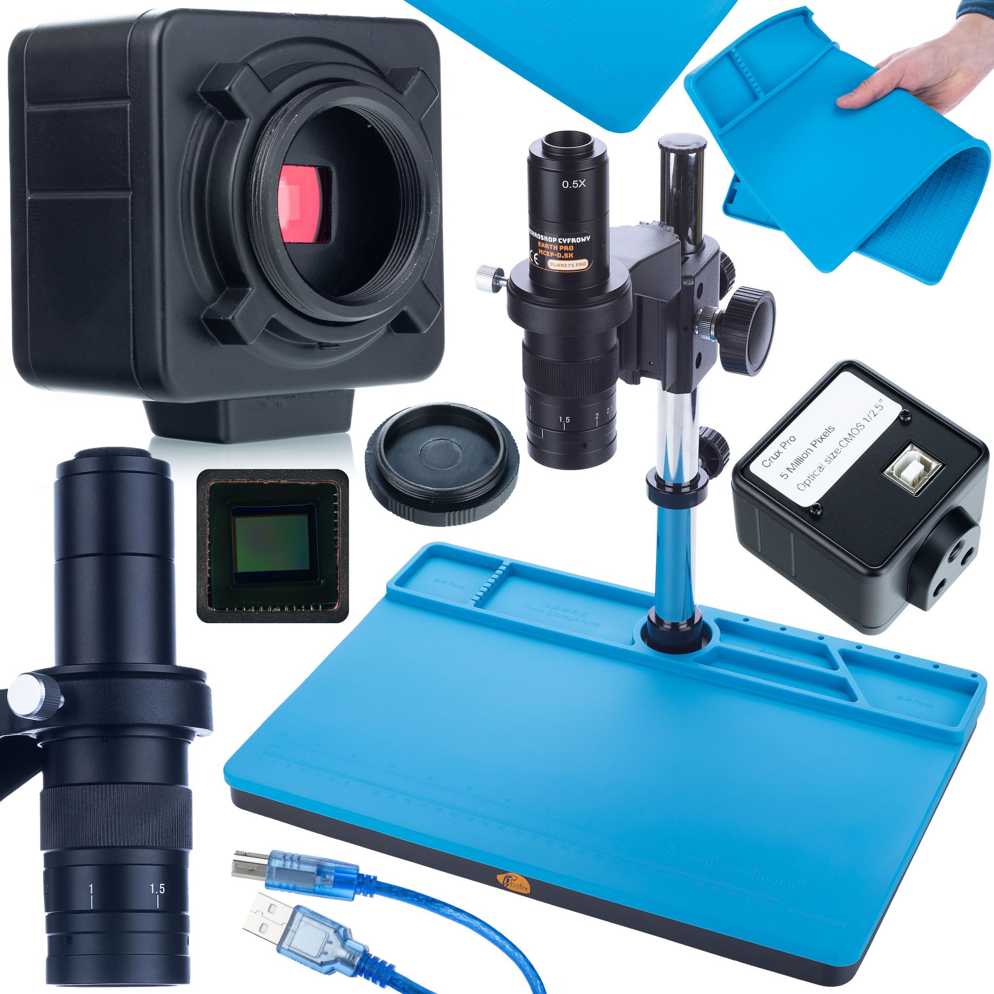 Microscopio Digitale Rosfix Earth Pro Mcep-0.5x Con Fotocamera Crux Pro Kmcp-hdmi-usb Da 5 Mp E Tappetino In Silicone 380x260 Mm