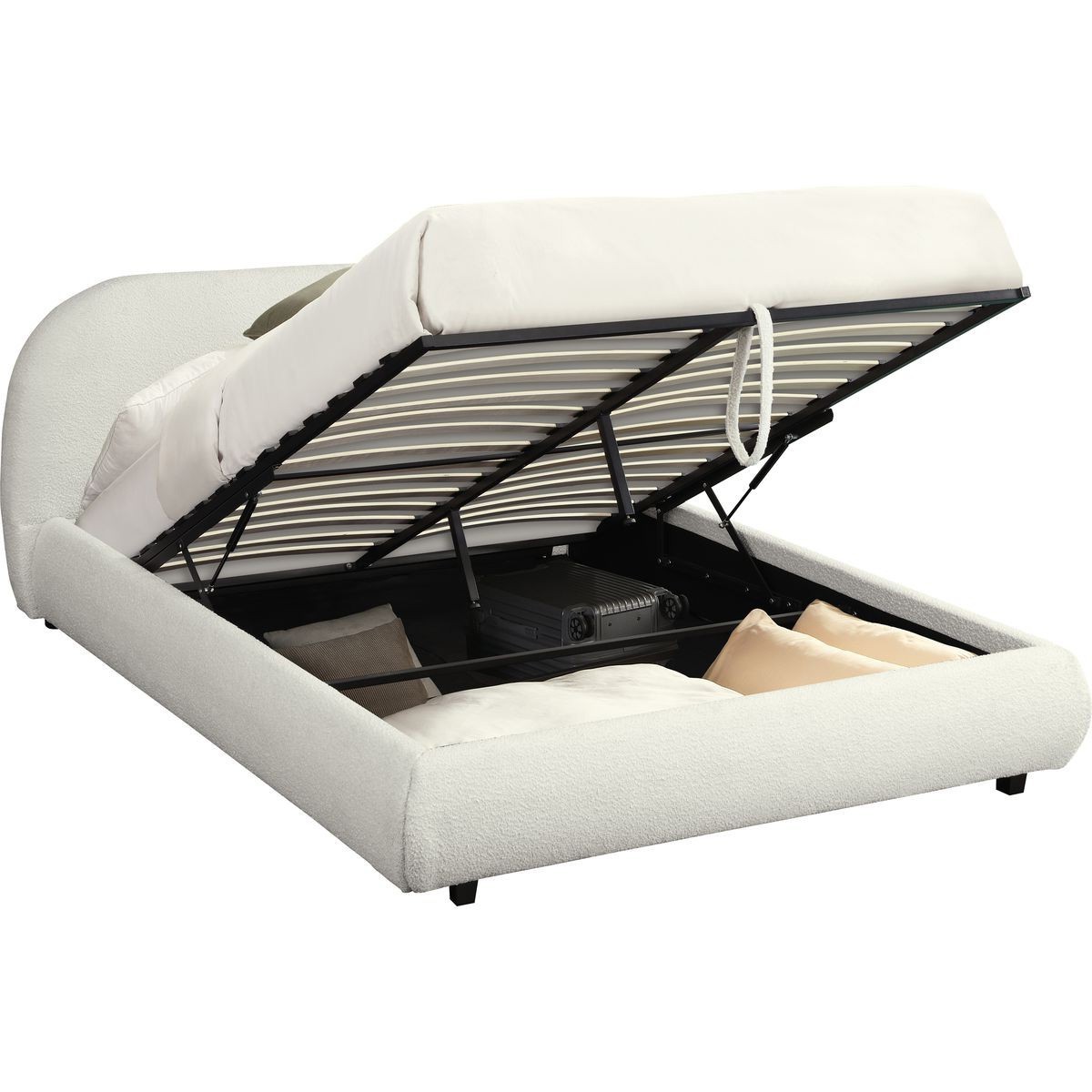 Lit Coffre 140x190 Cm Avec Tête De Lit Matelassée En Tissu Bouclé Beige