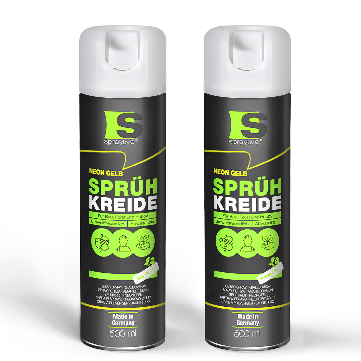 Spraytive 2x 500ml Sprühkreide Neon-gelb - Abwaschbare Leuchtende Kreidefarbe, Outdoor Kreidespray, Bodenmarkierung, Temporäres Markierungsspray
