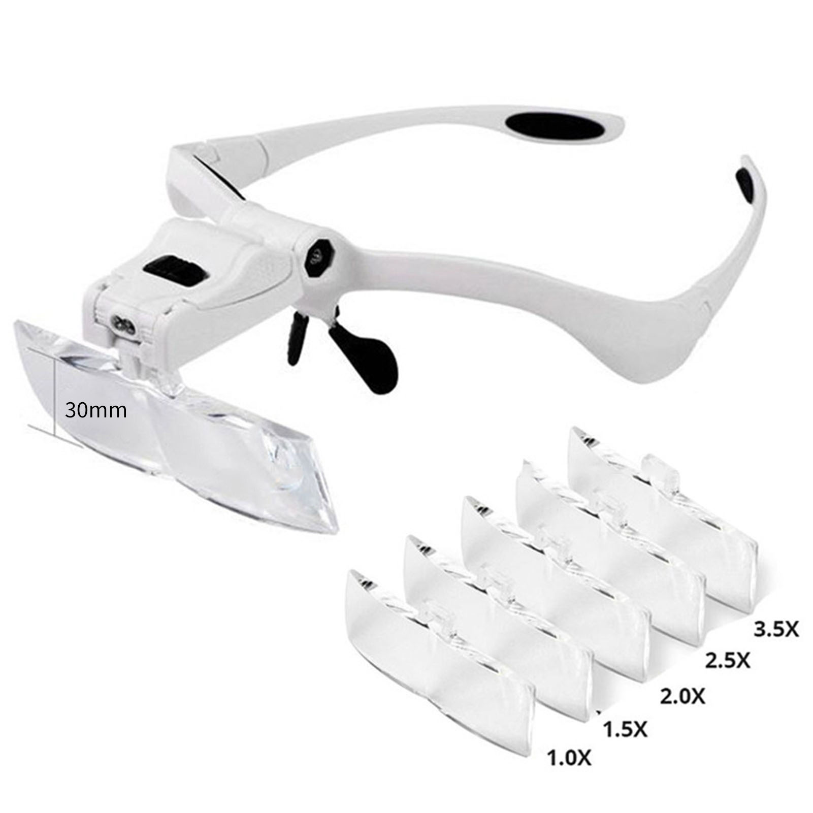 Loupe frontale à 5 grossissements interchangeables, lentille rotative 180°, pont nasal ajustable, éclairage LED