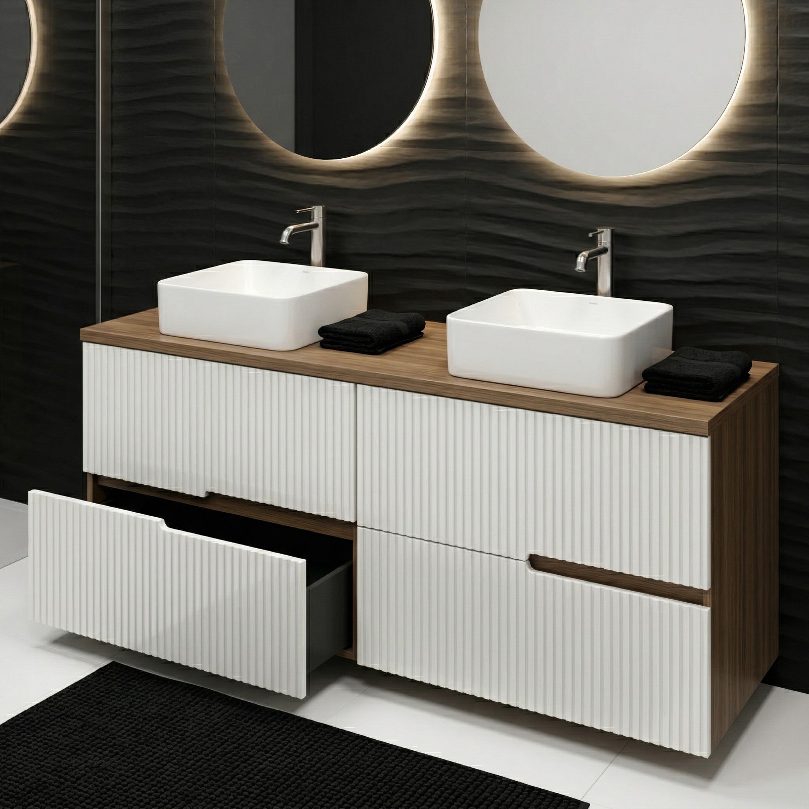 Meuble Double Vasque À Poser L. 120 Cm Chêne Moka 4 Tiroirs Blanc