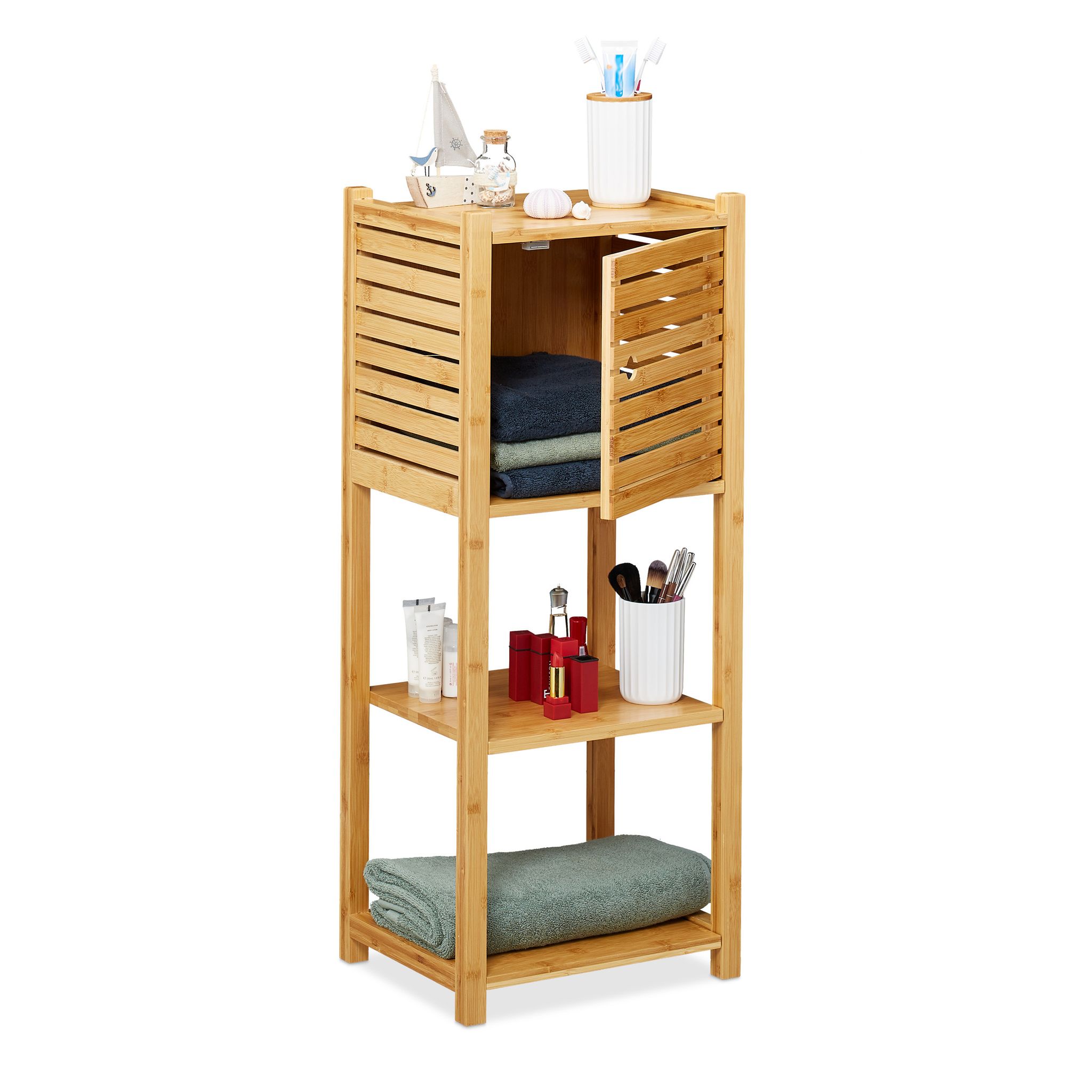 Mobile Bagno Colonna In Bambù, 3 Ripiani & 1 Armadietto Con Anta, Cucina, Scaffale, 87,5x35x29 Cm, Naturale - Relaxdays