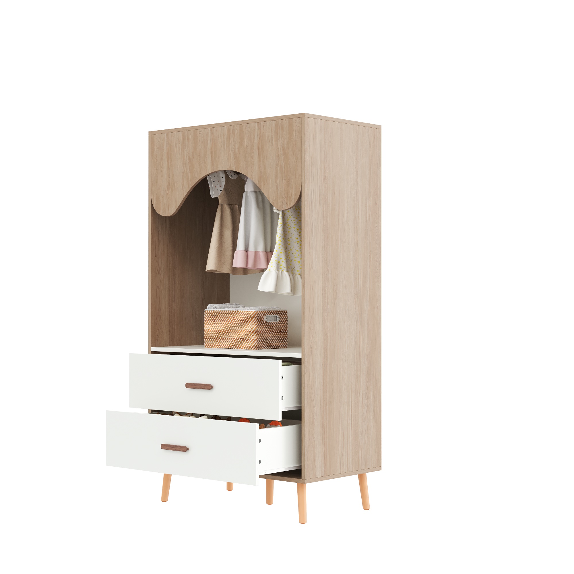 Stilvora Offener Modularer Kleiderschrank Mit 2 Schubladen Und Kleiderstange, Aus Mdf, Weiß Und Naturholz, 80 × 46 × 141.5 Cm