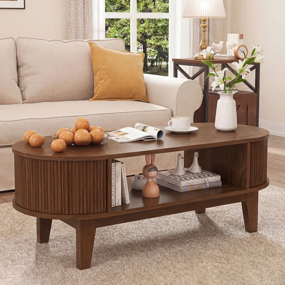 Table Basse Ovale Avec Rangement - 100x50x50.4cm - Compartiments Cachés