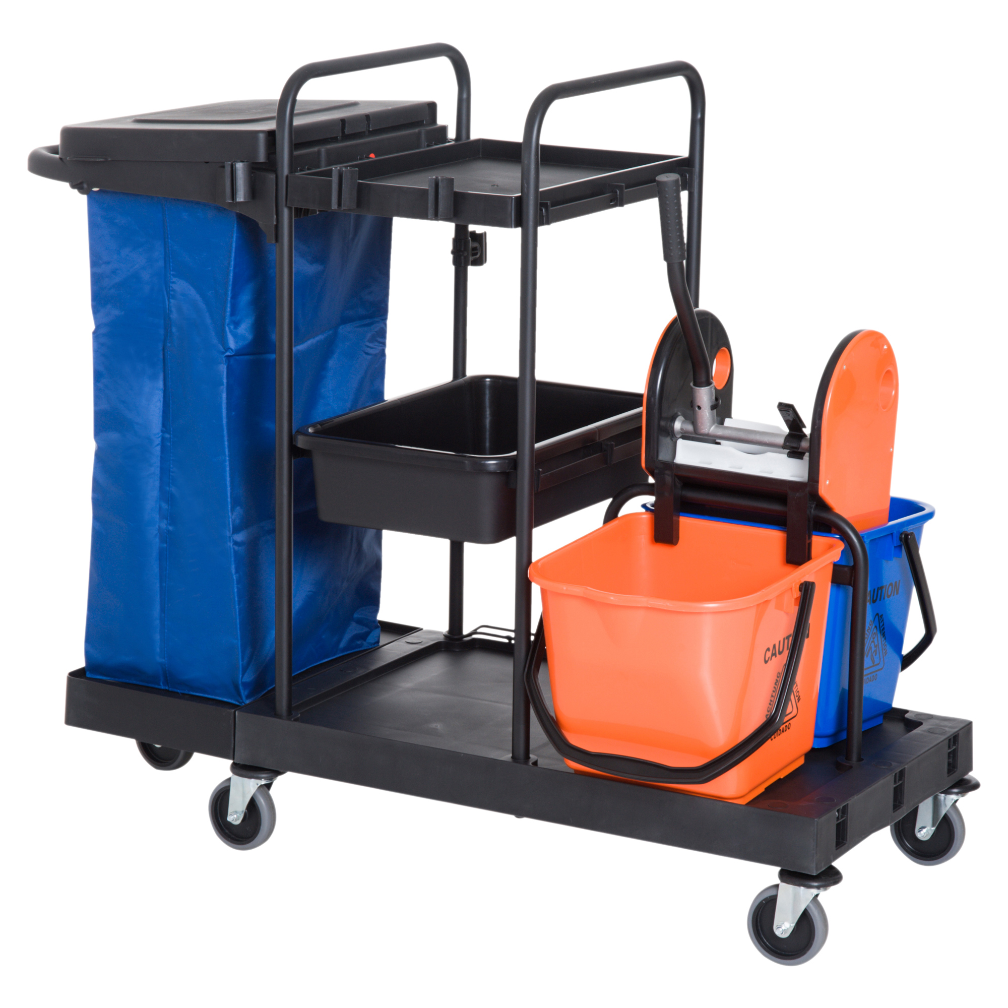 Chariot de nettoyage professionnel en métal, 4 roulettes maniables, noir, 111 × 63,3 × 103 cm