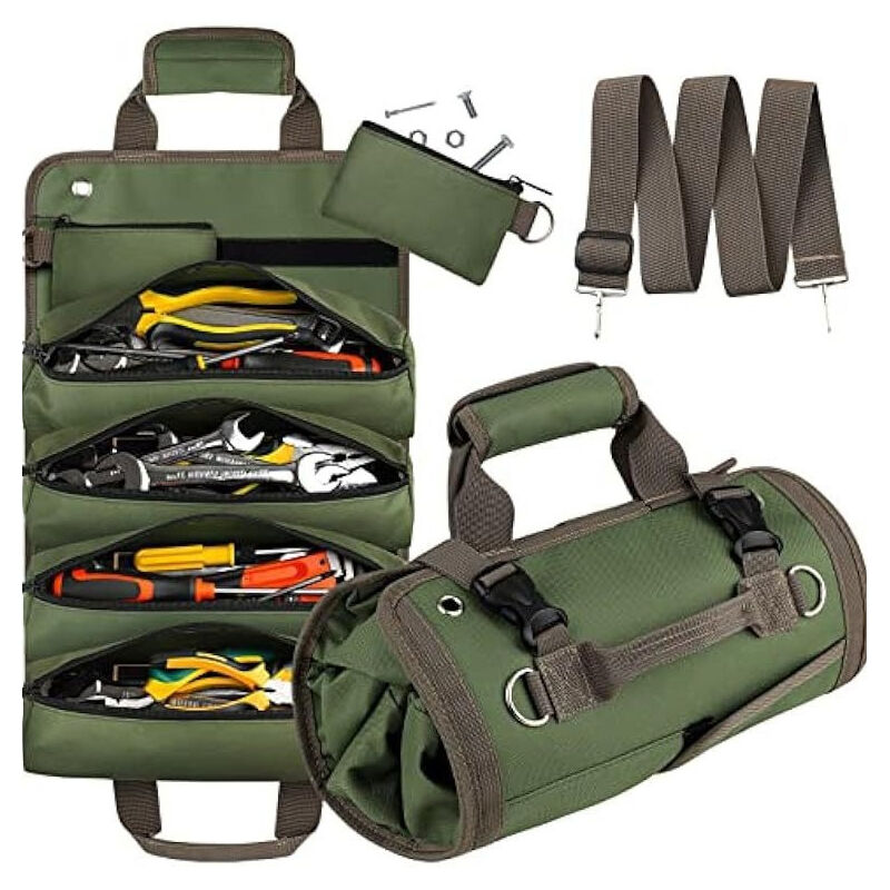 Sac à outils enroulable vert en tissu Oxford, 6 poches zippées, 2 boucles de suspension