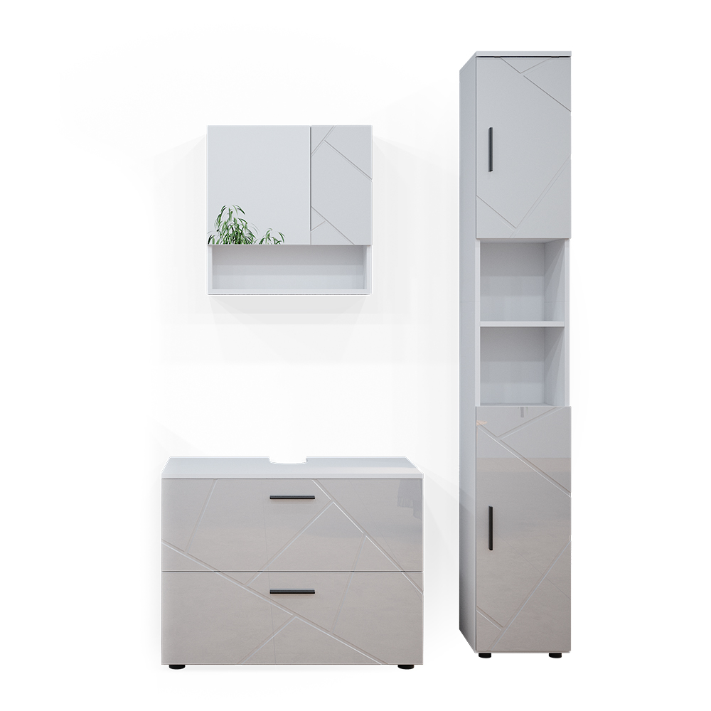 Vicco - Ensemble de meubles de salle de bain Irma, Blanc Haute brillance, 3 pièces, avec armoire à tiroirs et armoire haute