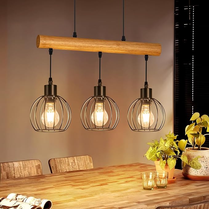 Zmh Luminaire Suspendu Repas Bois Rétro E27 3 Sources Lumineuses Style