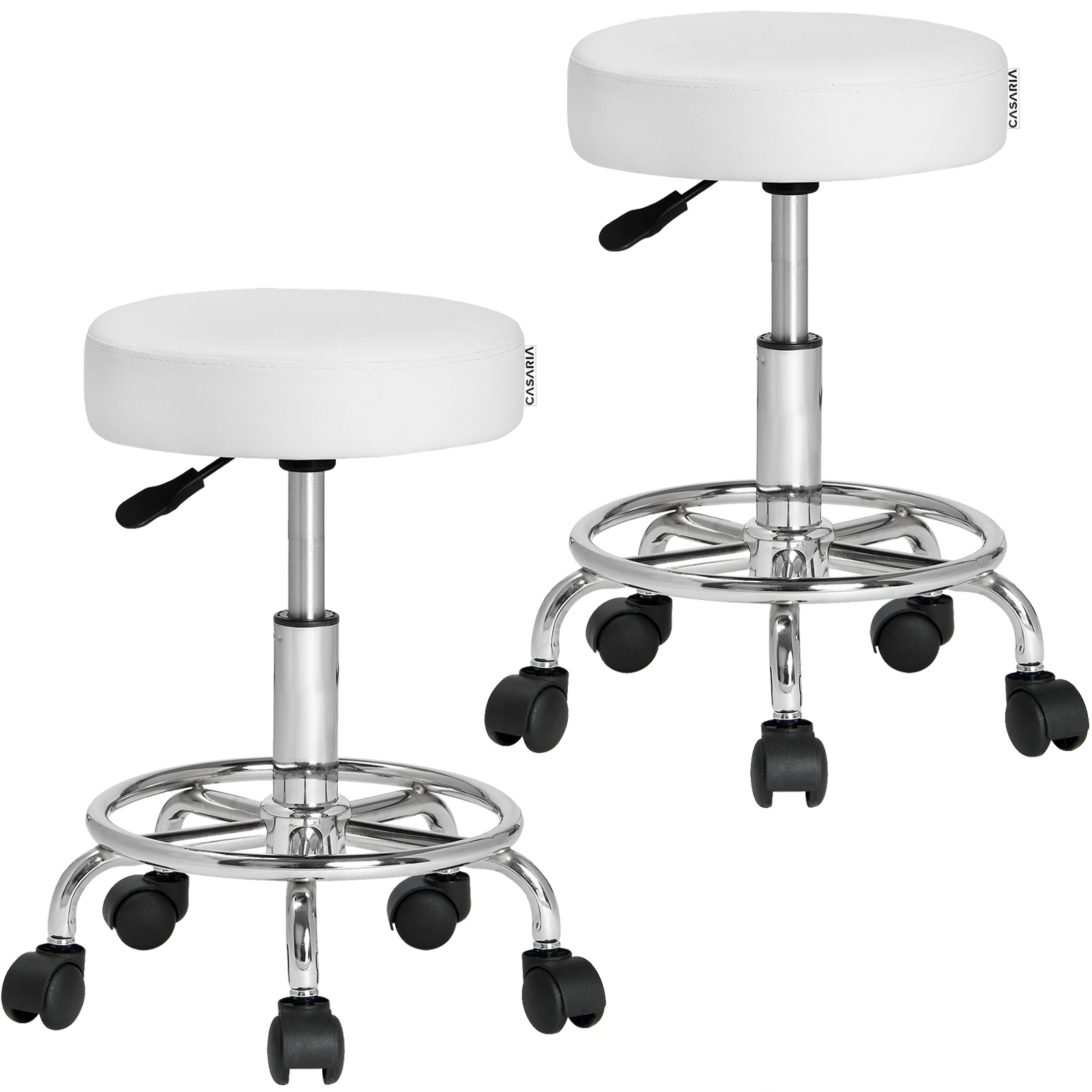 Rollhocker Höhenverstellbar 10cm Polsterung 51-65cm Sitzhöhe 360° Drehbar Ø35cm Fußstütze Rund Büro Hocker Drehhocker Arbeitshocker 2er Set Weiß - Casaria