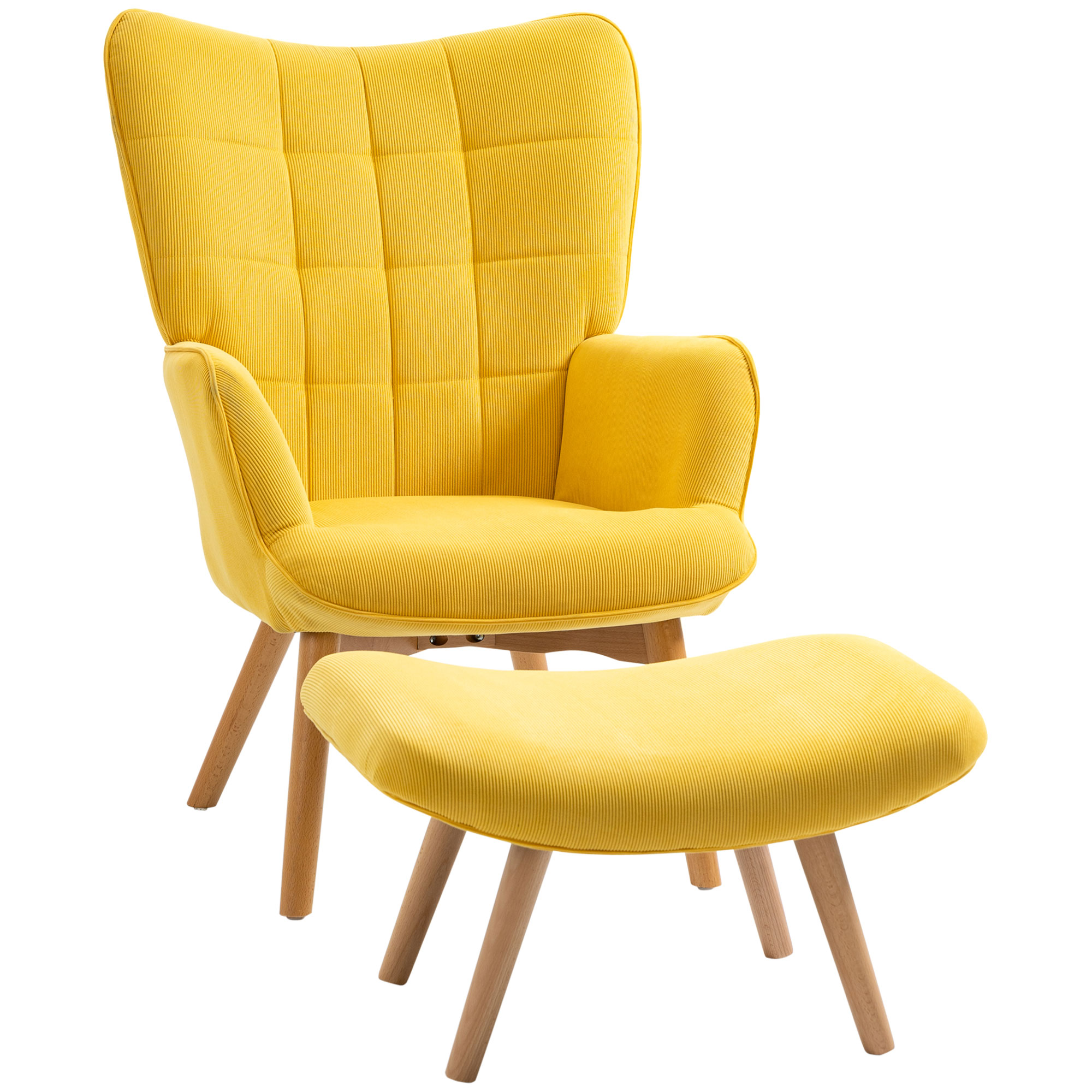 Sessel Mit Hocker, Ohrensessel Mit Hoher Rückenlehne, Holzbeine, Loungesessel Mit Getuftetem Design, Cord-optik, Für Wohnzimmer, Gelb - Homcom