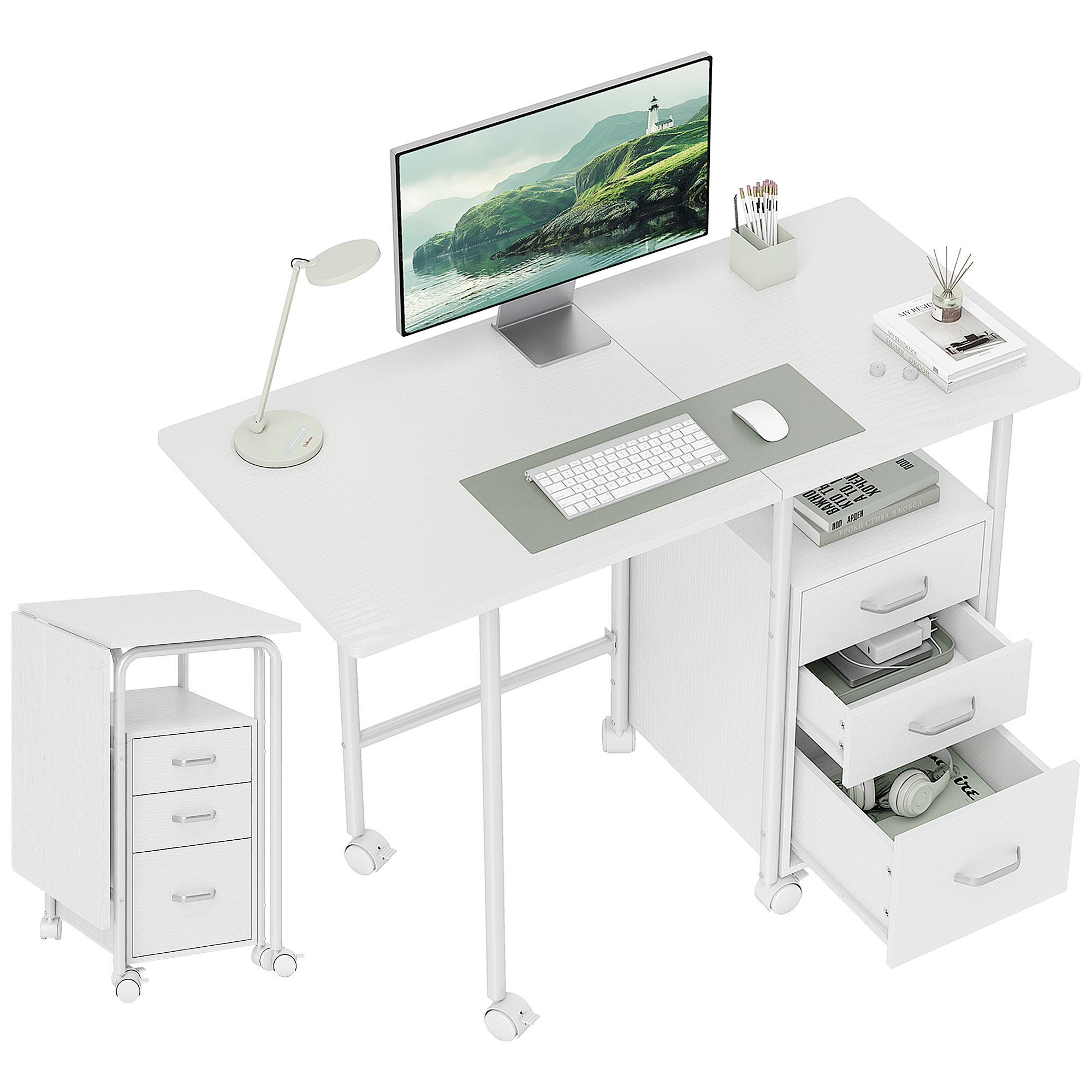 Homcom - Bureau Pliable Sur Roulettes Avec Rangement 3 Tiroirs Dim.