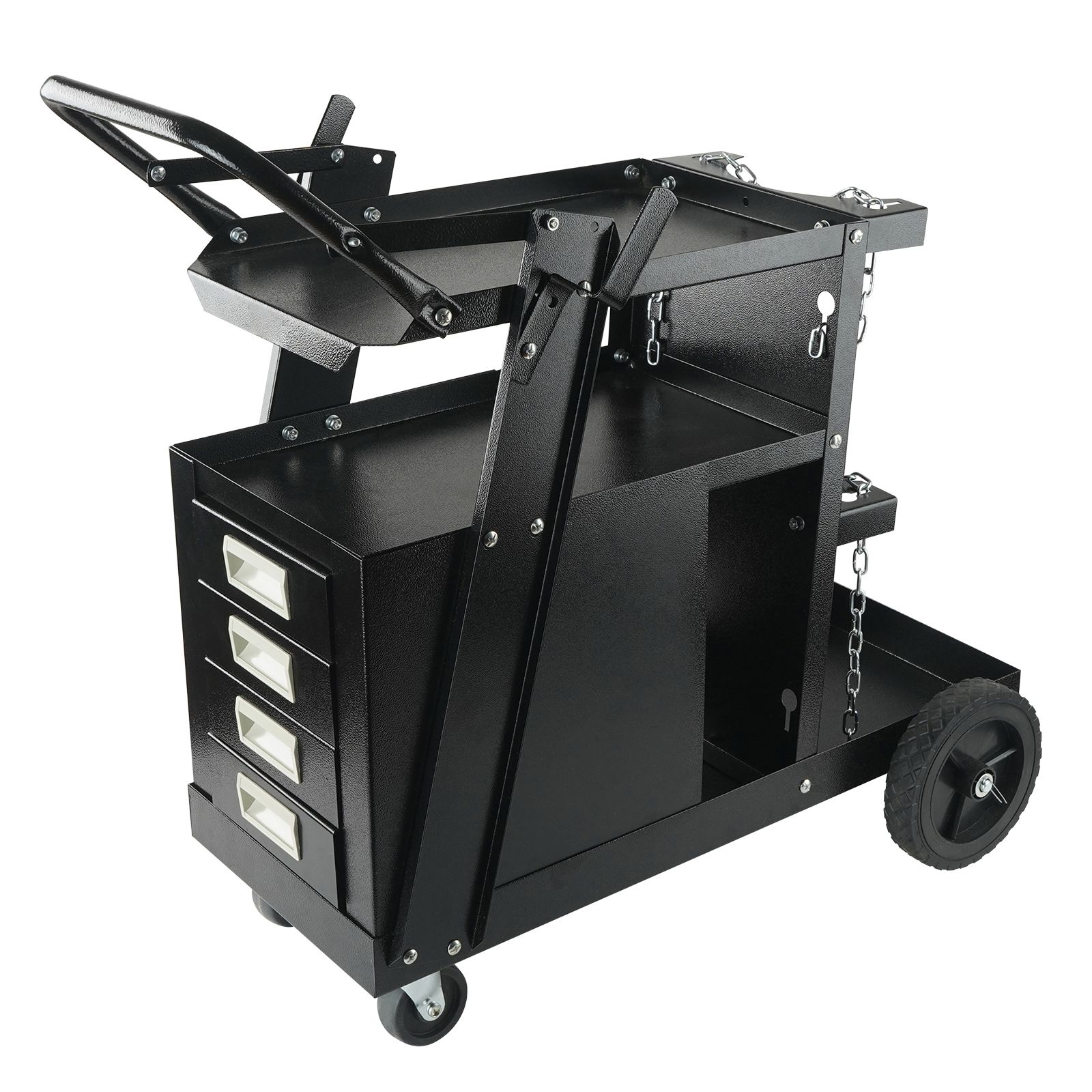 Chariot de soudage 2 étages avec 4 tiroirs, capacité 120 kg, roues pivotantes 360°, chaînes de sécurité
