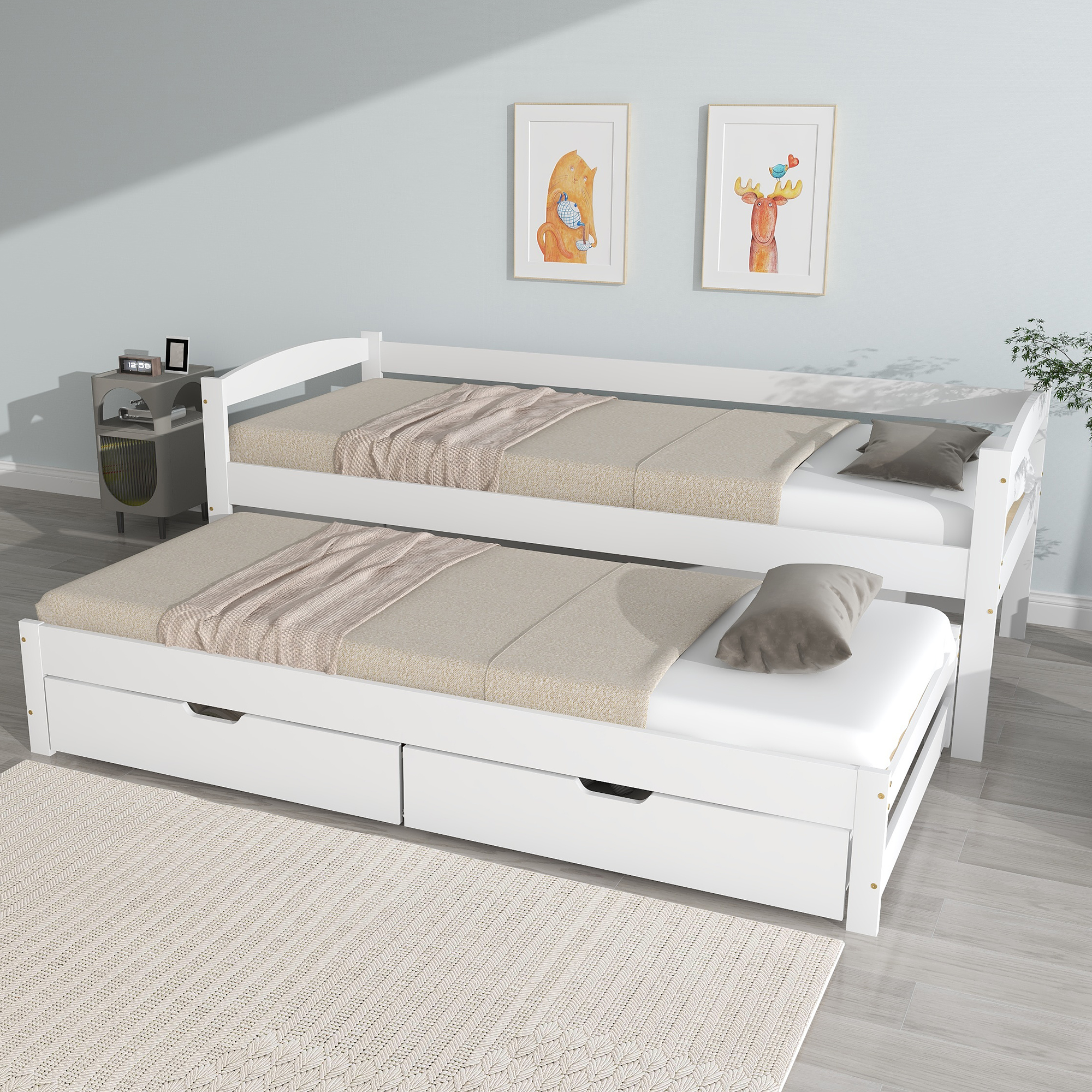 Modernluxe – Lit Gigogne 90x190cm Avec 2 Tiroirs – Bois Massif Blanc – Charge Max 100kg – Matelas 200x90cm Recommandé