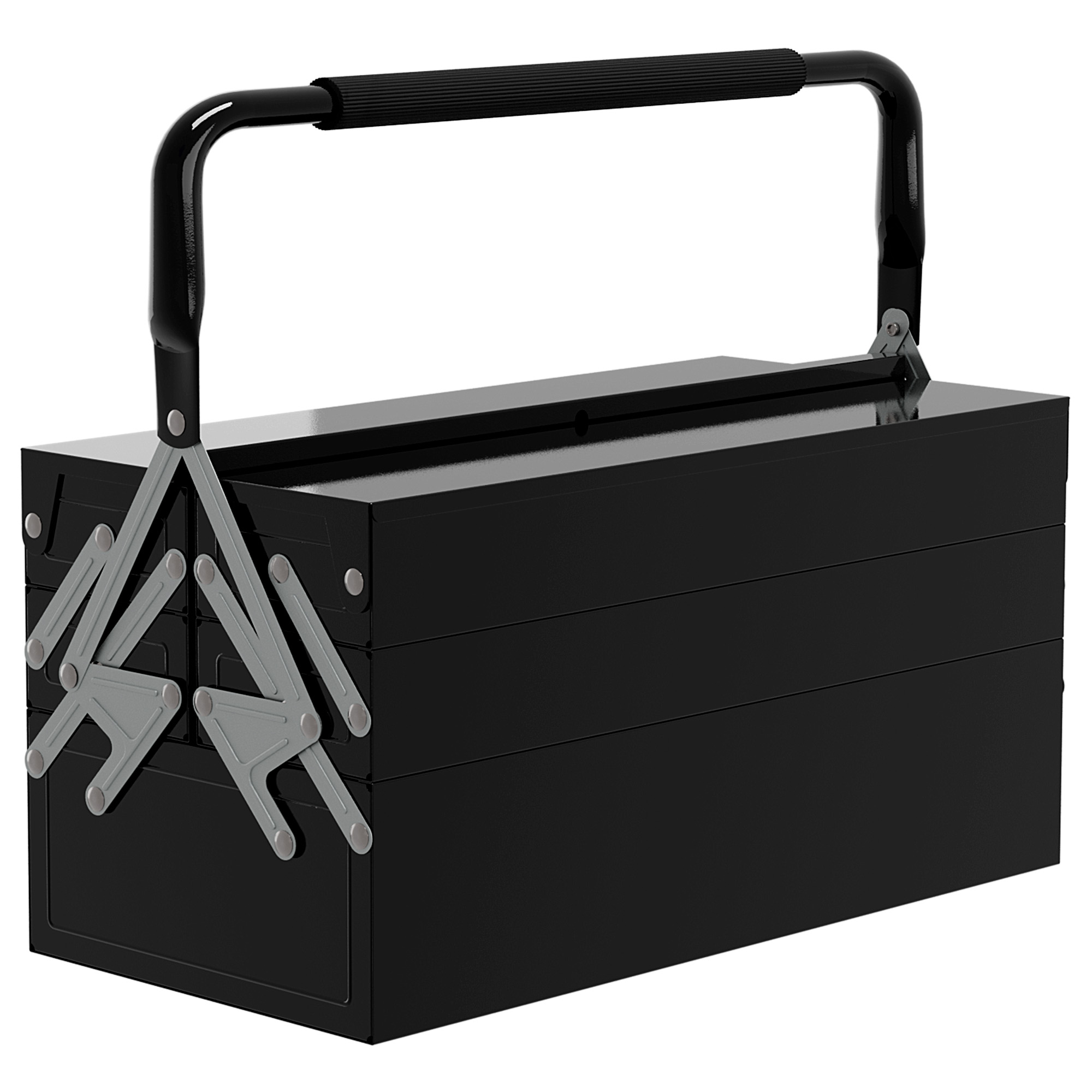 Caisse à outils métallique 3 niveaux, 5 plateaux rétractables en acier noir, poignée EVA