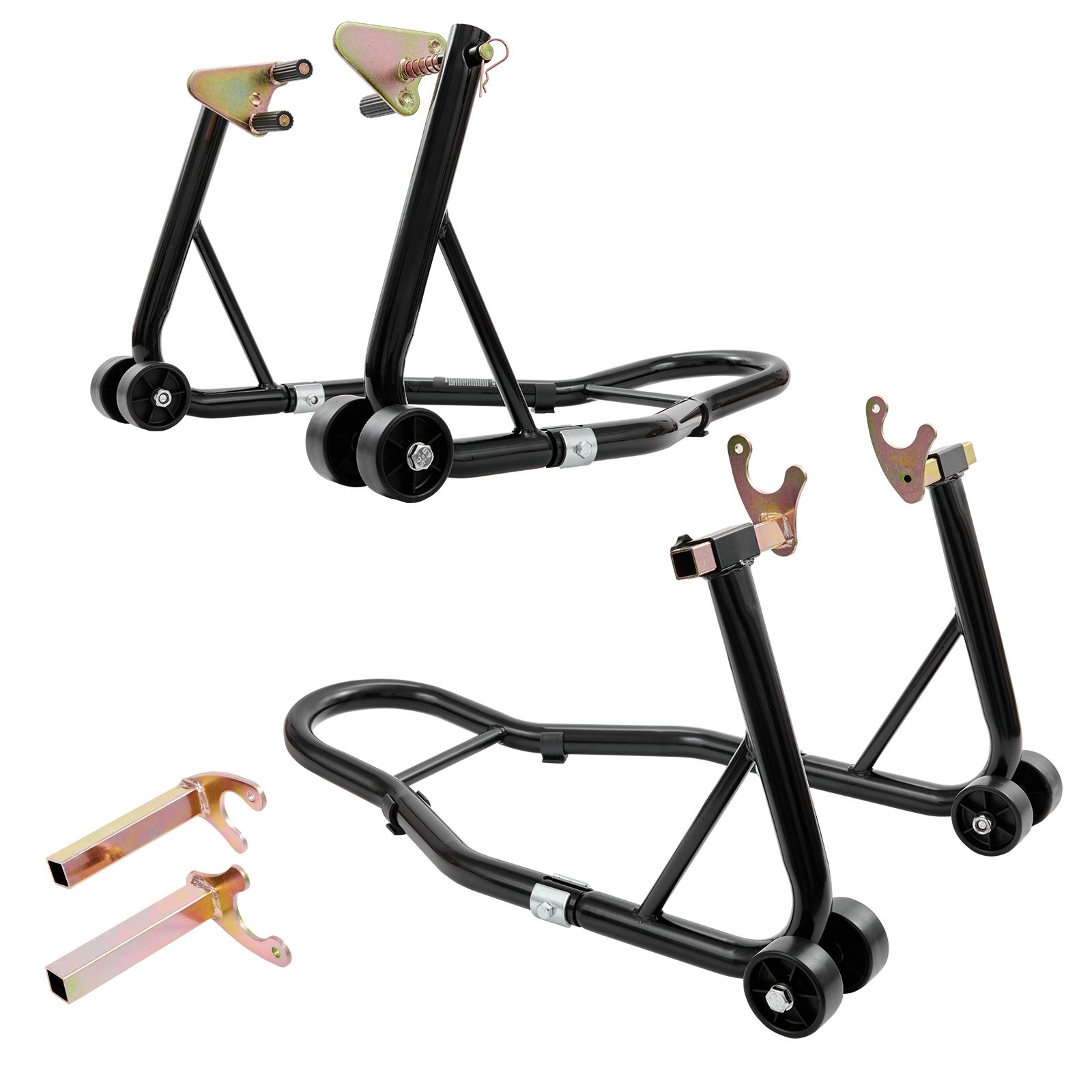 Support moto combiné avant et arrière, acier, charge 0,39 T, réglable, noir