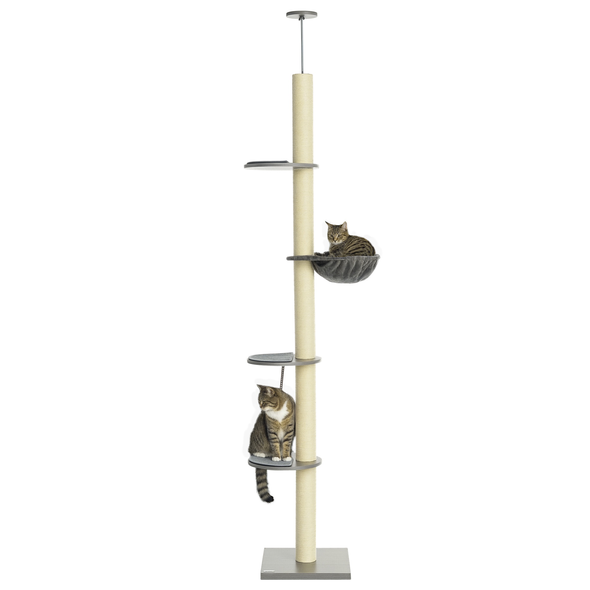 Pawhut - Kratzbaum, Katzenkratzbaum Deckenhoch, 230-250 Cm, Kletterbaum Mit Hängematte, Katzenbaum Höhenverstellbar, Spielbaum Mit Kippschutz, Plüsch, Grau+cremeweiß