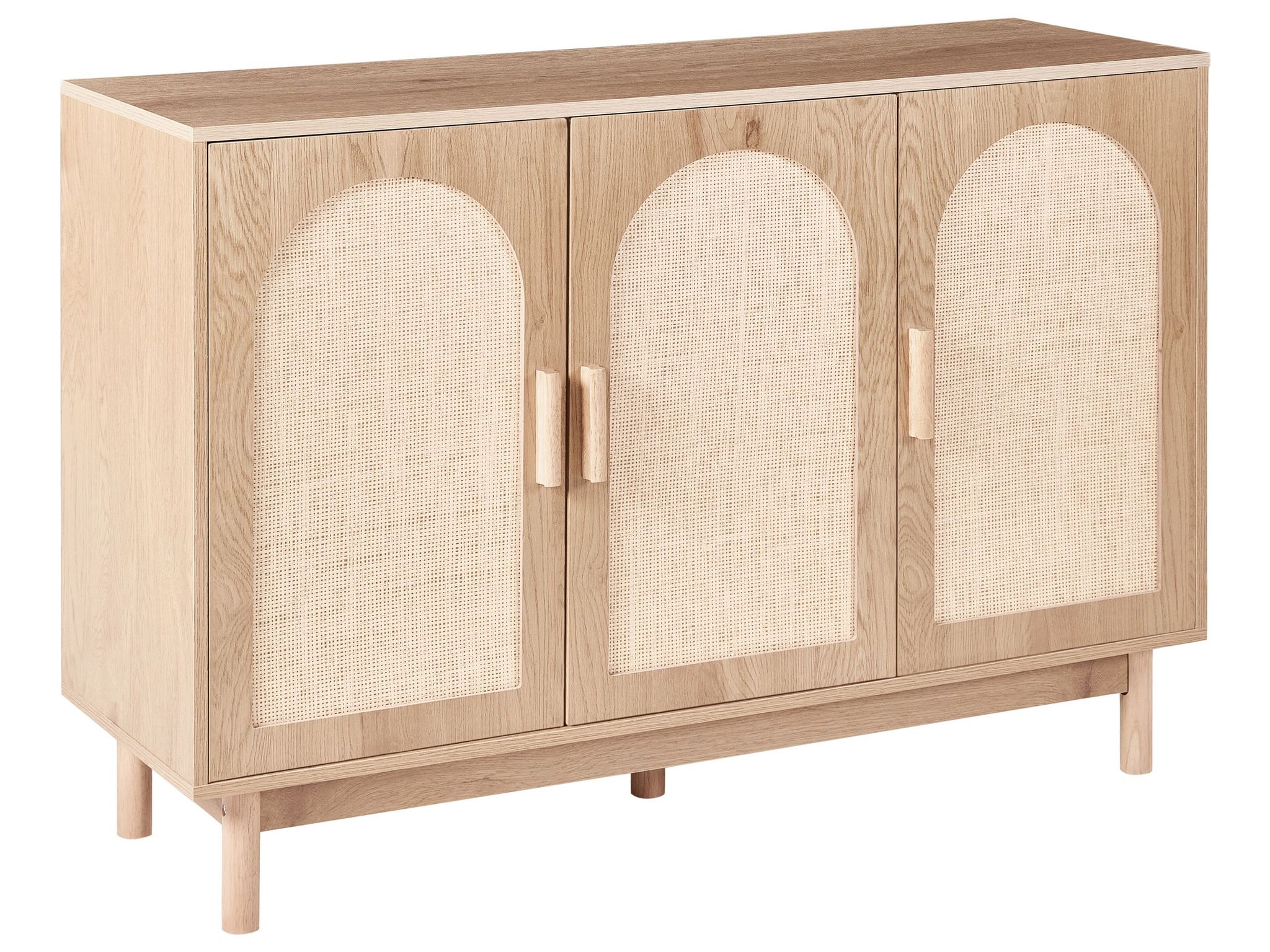 Beliani 3 Door Sideboard Light Brown Particle Board Rattan Front Wooden Legs Boho Style Living Room Storage Costello