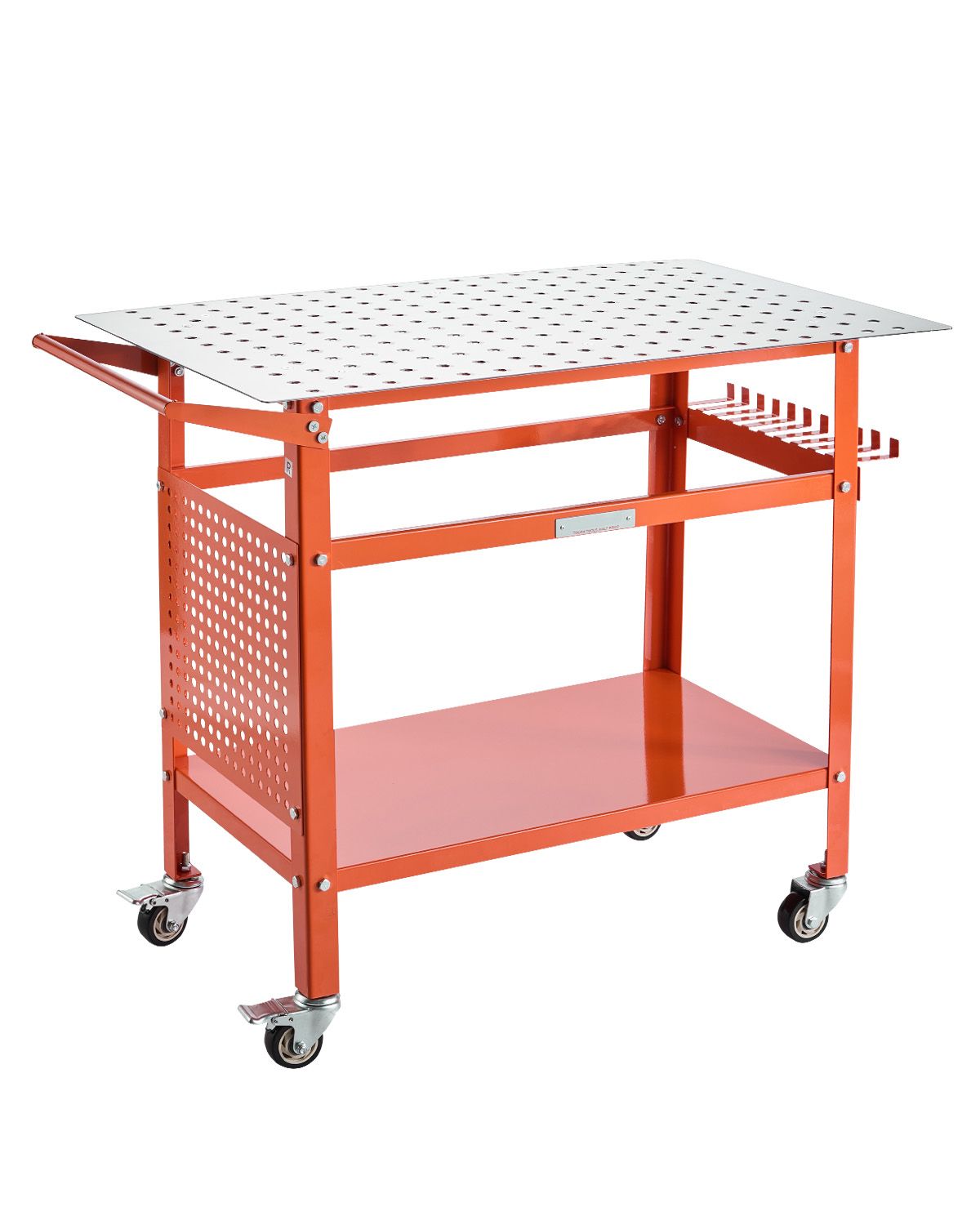 Table de soudage mobile en acier, plateau double 40x24 cm avec 216 trous de fixation 16 mm, 4 roues dont 2 freinées