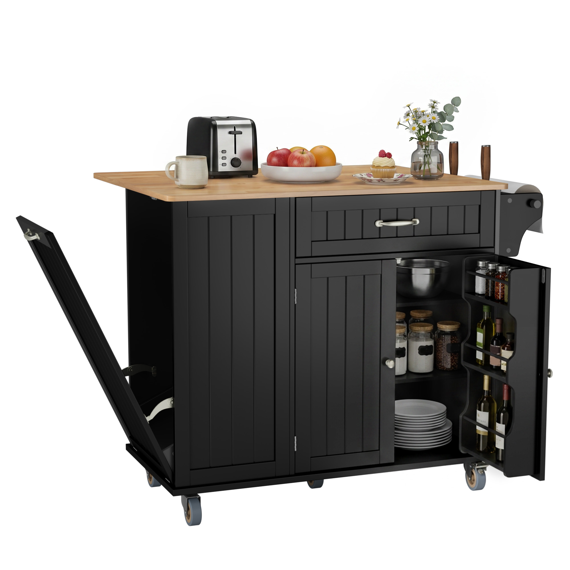 Kücheninsel-unterschrank Bealife Küchenschrank Klappbar Mit Klappbarer Arbeitsplatte Schubladen Versteckter Abfalleimer Schwarz 100 X 81 X 90 Cm