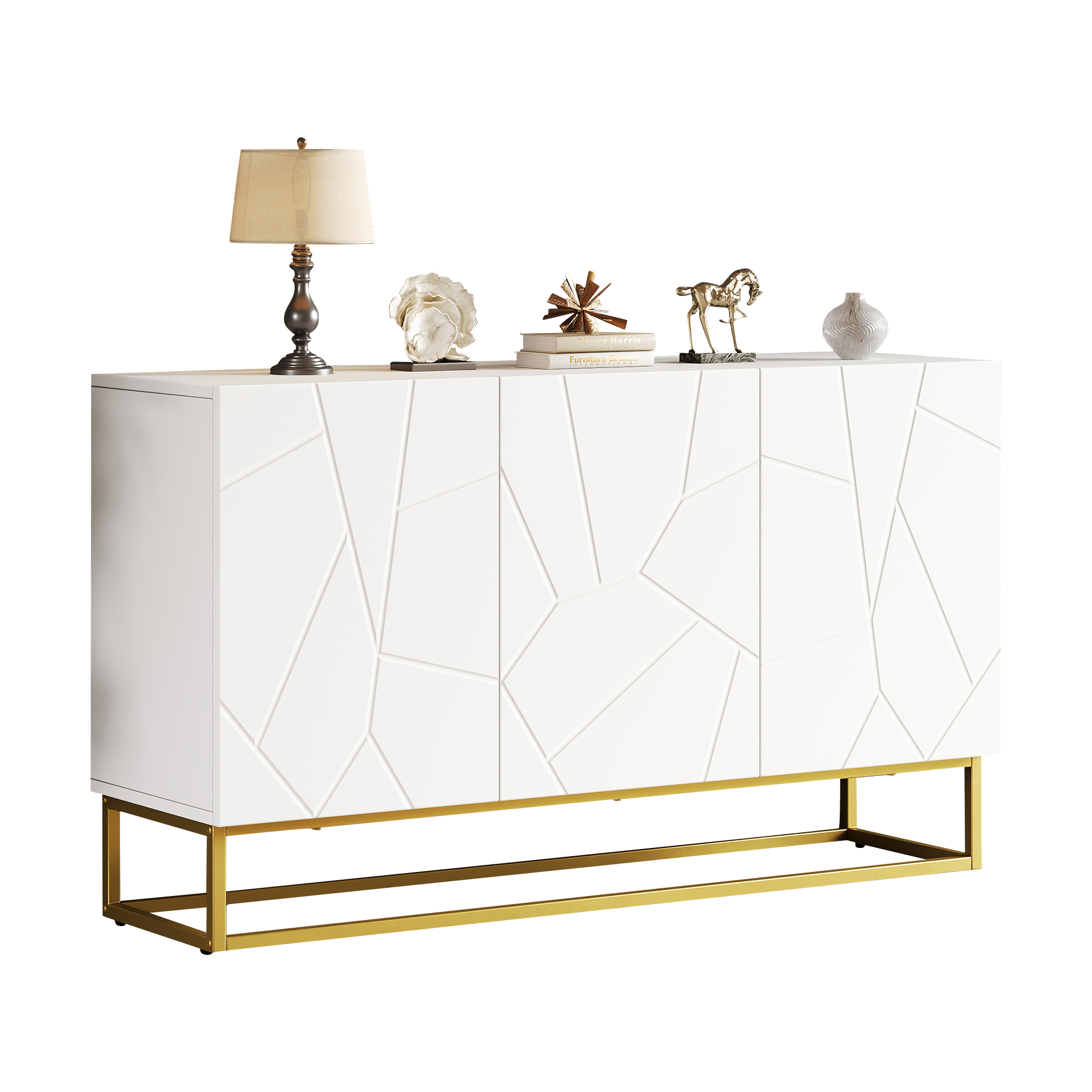 Stilvora Sideboard Mit 3 Türen Und Verstellbaren Einlegeböden, Hochglanzfronten, Für Wohnzimmer Aus Spanplatte 130×38×76 Cm Weiß Und Gold