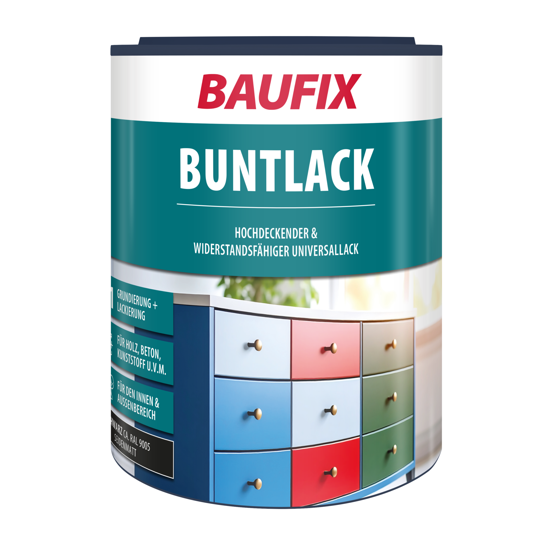 Baufix Buntlack Schwarz Seidenmatt, 1 Liter, Lackfarbe