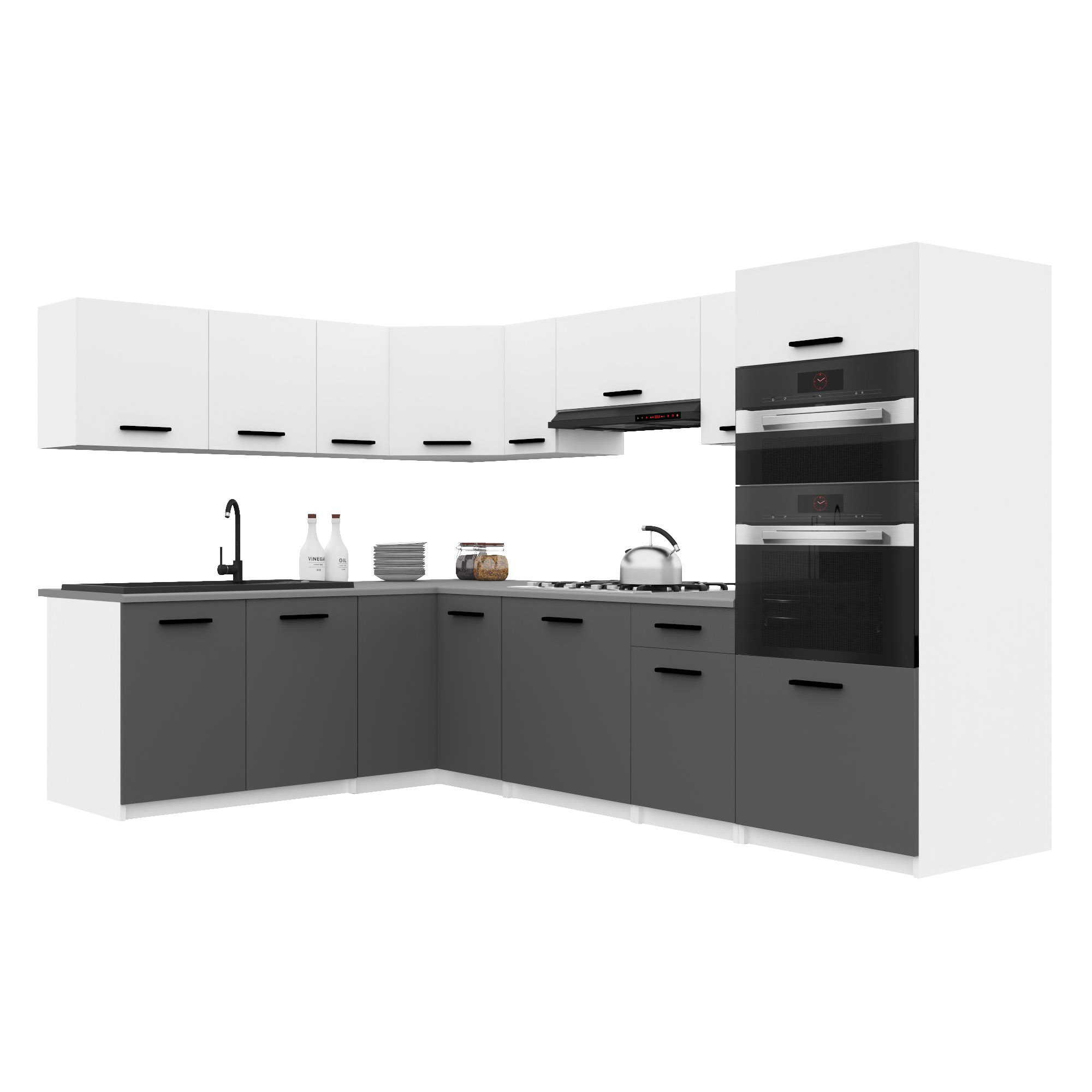 Belini Italia 8 Cuisine Equipée Modulaire Complète - 420 Cm. Meubles Hauts Bas Avec Plan De Travail, Blanc Mat/gris