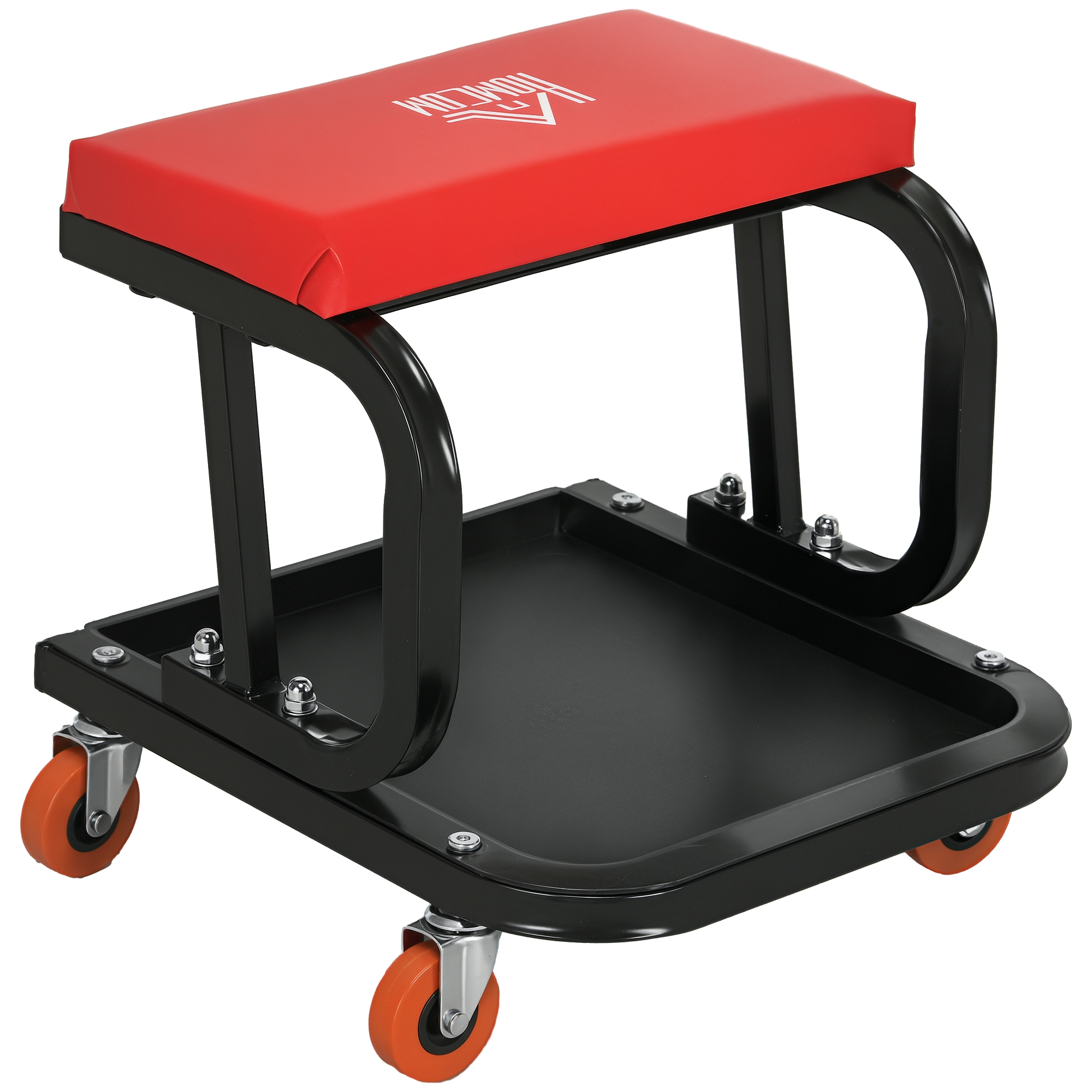 Tabouret d'atelier à roulettes avec bac à outils, assise rembourrée similicuir, charge 100 kg, rouge et noir, 38 x 35 x 37 cm