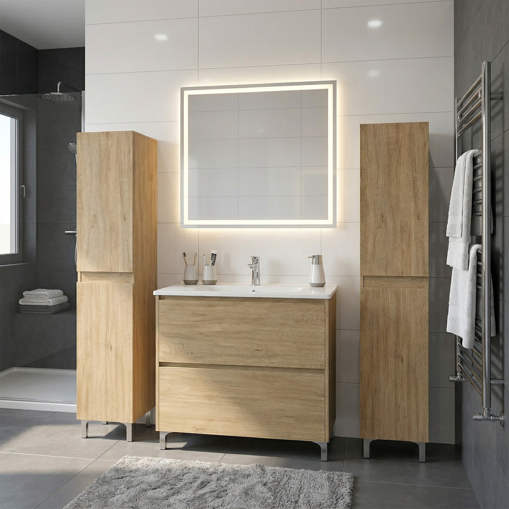 Ensemble Meuble Vasque L.100cm + 2 Colonnes Sur Pied 2 Tiroirs Chêne
