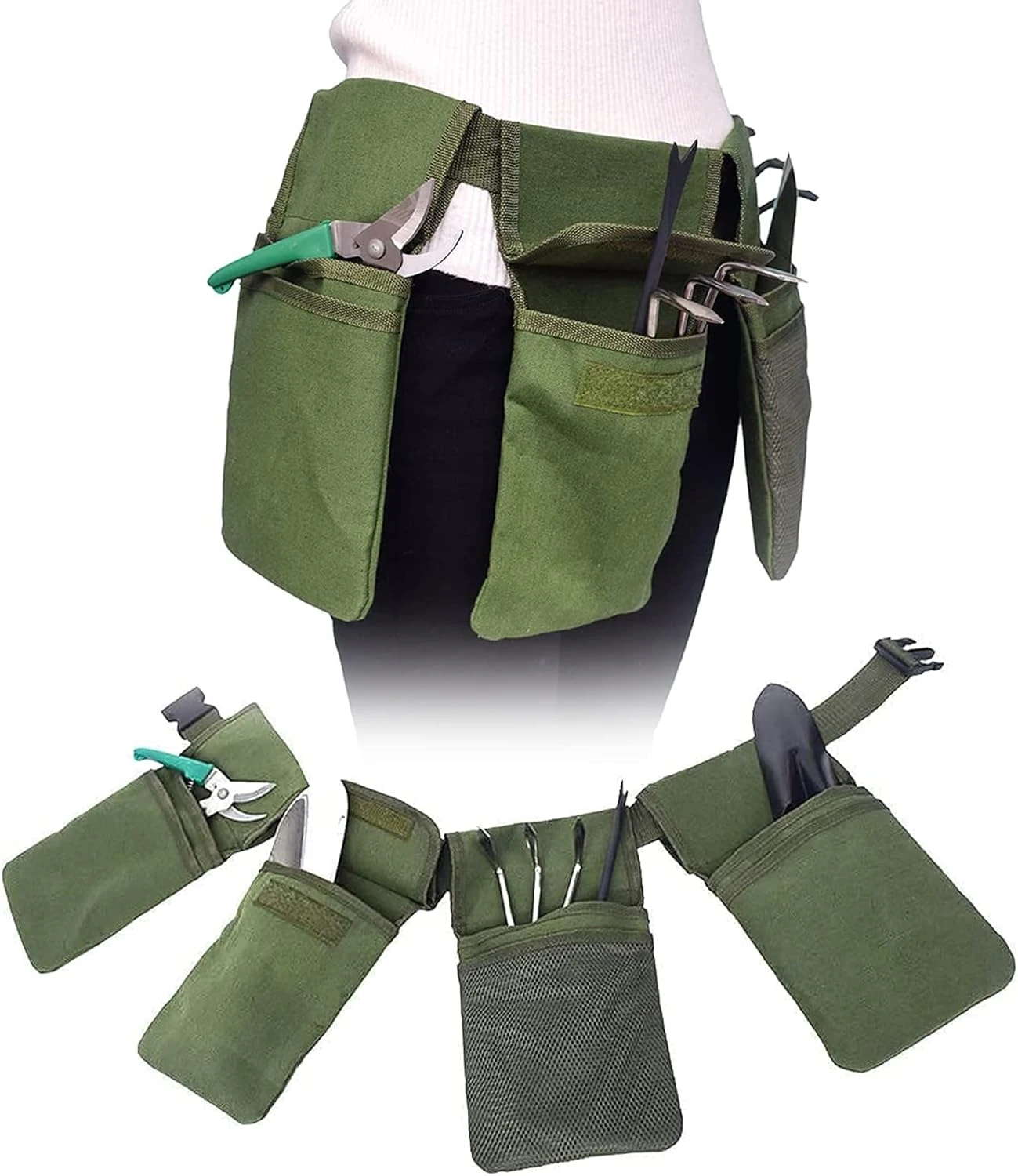 Ceinture porte-outils réglable en tissu Oxford déperlant, 4 poches à rabat, vert, 63 à 126 cm