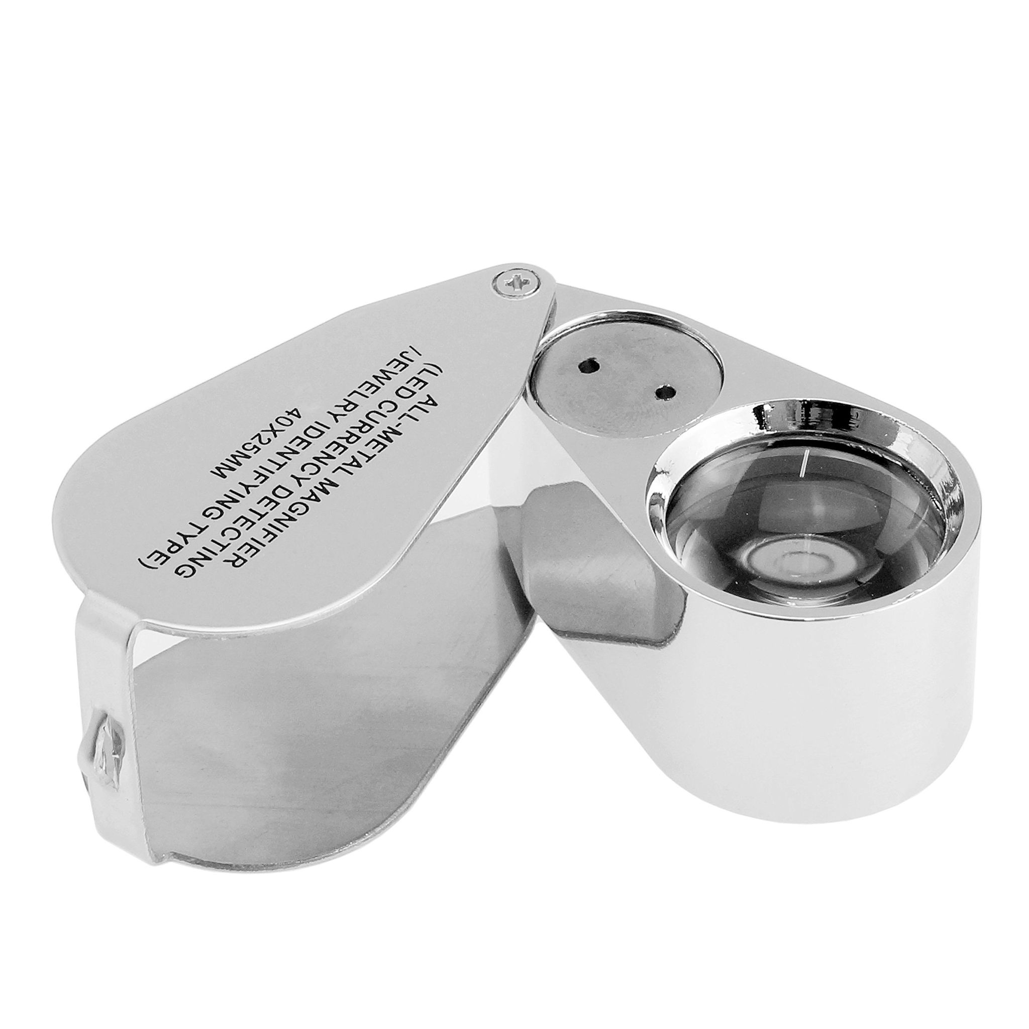 Loupe de bijoutier 40x, verre optique 25 mm, corps métallique, éclairage LED et UV