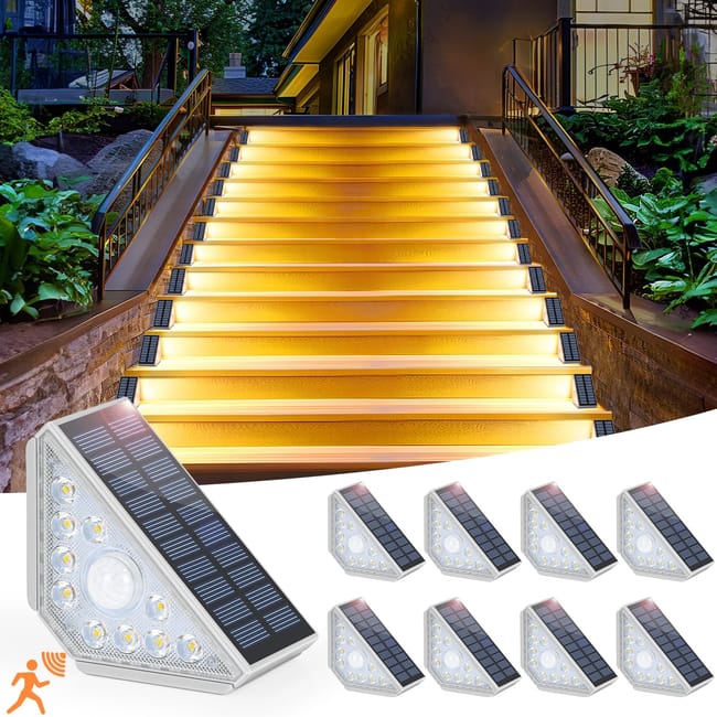 Lampes Solaires D'Escalier À Capteur De Mouvement, Paquet De 8 Lampes Solaires Pour L'Extérieur, Étanche Ip65, Lumière Blanche Chaude