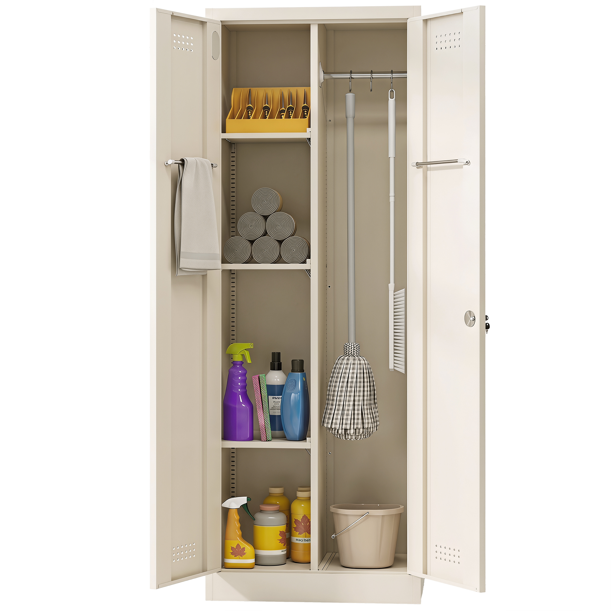 Armoire de rangement d'atelier en acier, 2 sections, étagères réglables, charge 80 kg, serrure 2 clés