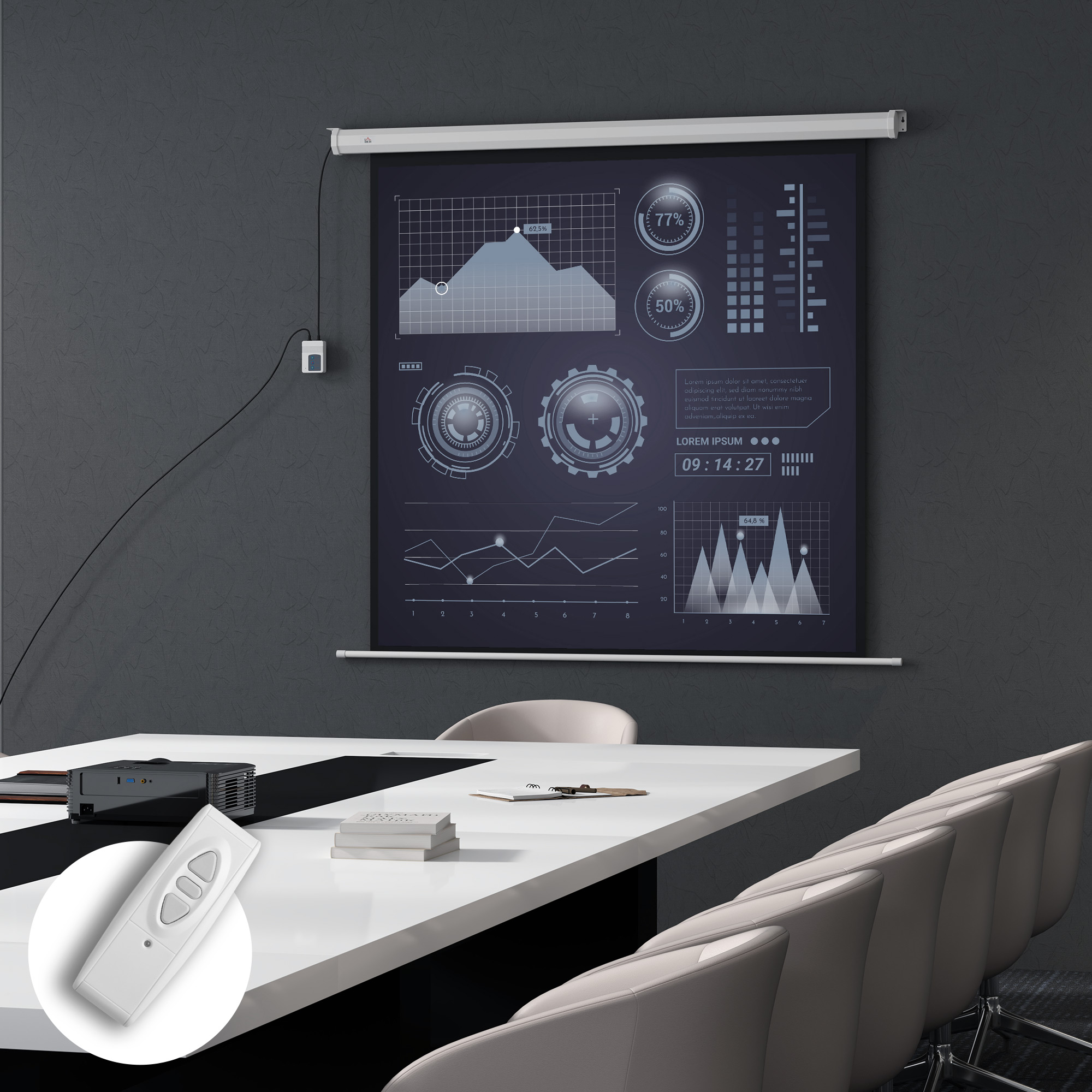 Schermo Per Proiettore Motorizzato Da 85 Pollici 1:1 Con Telecomando, Telo Proiettore Avvolgibile In Plastica E Metallo, 176.5x8x176.5 Cm, Bianco