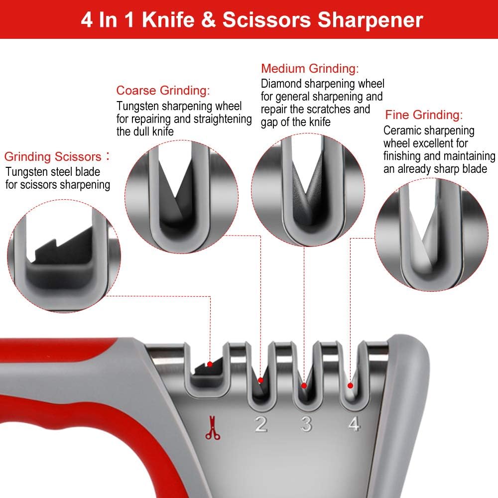 Affilacoltelli Professionale, Affilacoltelli Da Cucina 4 In 1 Con Base Antiscivolo, Affilacoltelli Per Coltelli Da Cucina, Forbici LLING