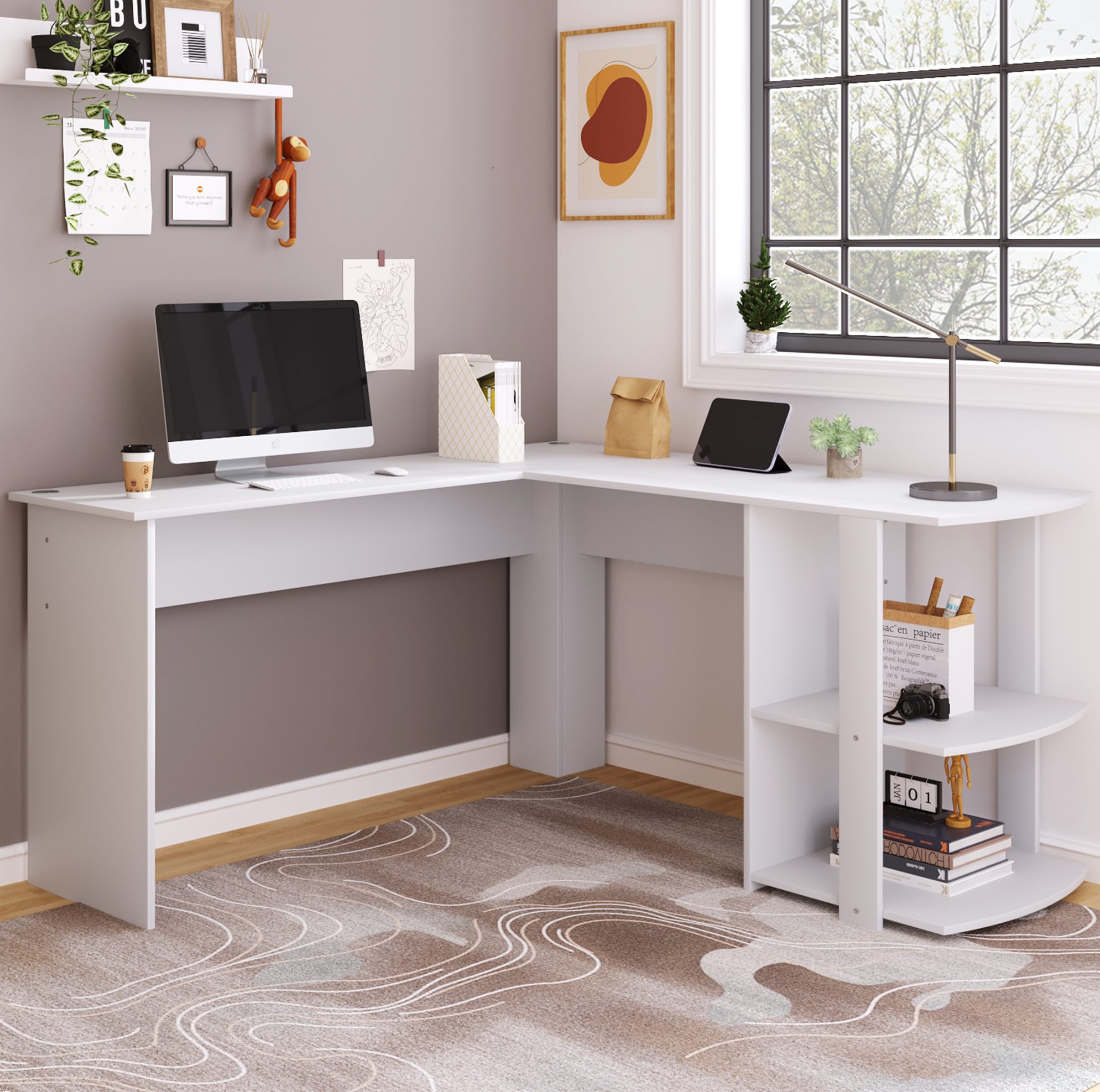 Meubliv Bureau D'Angle En L 140 Cm Blanc – Rangements Ouverts