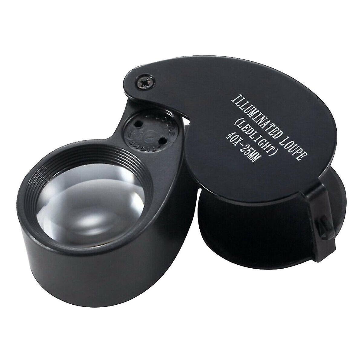 Loupe de poche grossissement x40 avec éclairage LED, alliage d'aluminium, 58 x 33 x 25 mm, noire