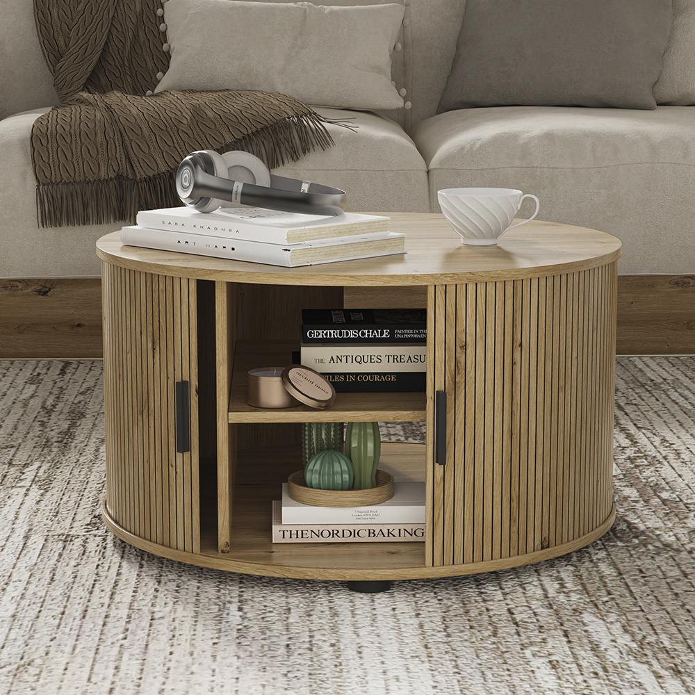 Table Basse Selva, Chêne, 80x80cm Avec Porte Coulissante, Vicco