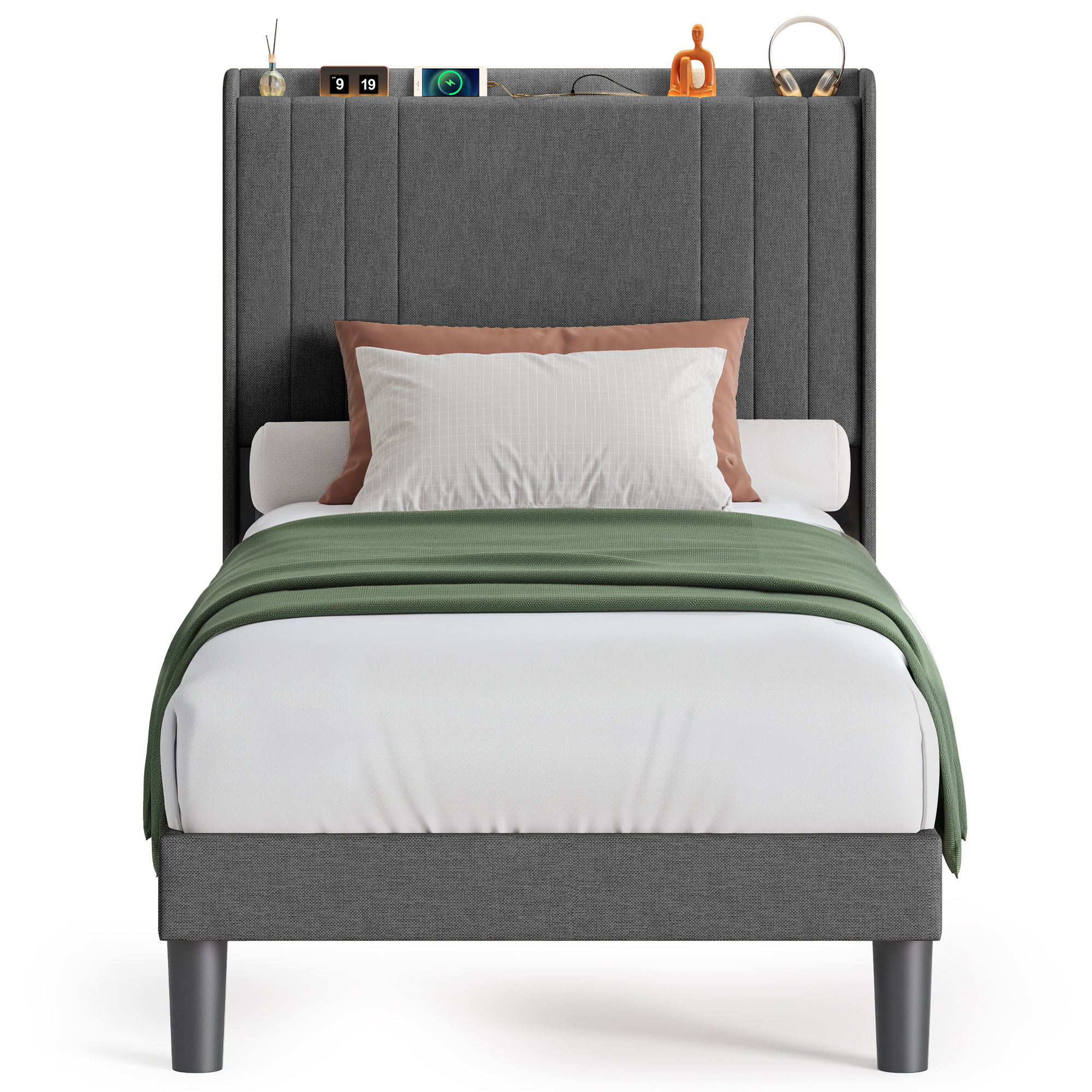 Lit Simple Capitonné 90 X 200 Cm Avec Prise Et Tête De Lit Led Réglable Rangement Bealife Sommier À Lattes Tissu En Lin Lit Enfant Adolescent Gris Foncé