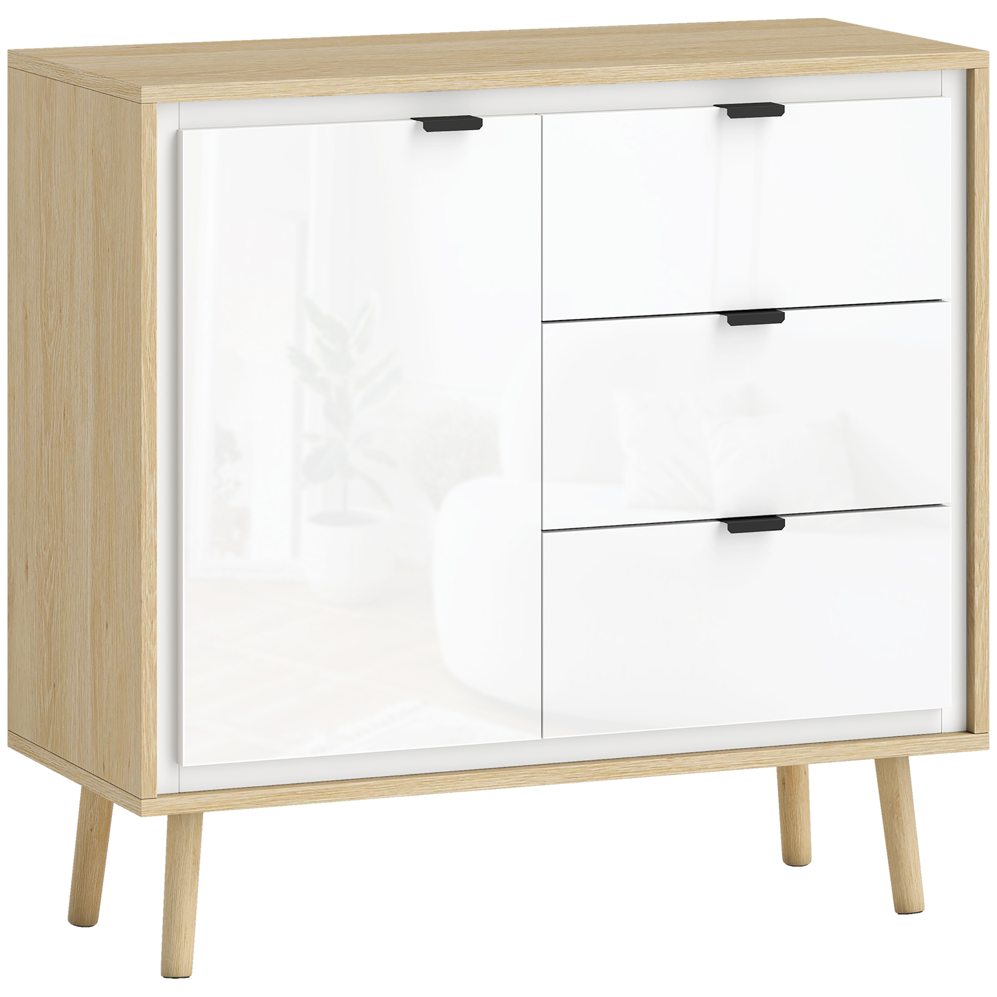 BEWISHOME Meuble Cuisine, Buffet avec Multiprise et Éclairage LED Blanc | 100×80×35cm Meuble bas Cuisine, Meuble Rangement Cuisine 2 Tiroirs et 2 Portes, Placard, Étagères Réglables, Cuisine, Salon