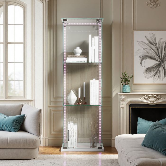 Vitrine En Verre - Vitrine Led 3 Étagères - Verre Trempé - Roulettes - Blanc 123x39x35 Cm