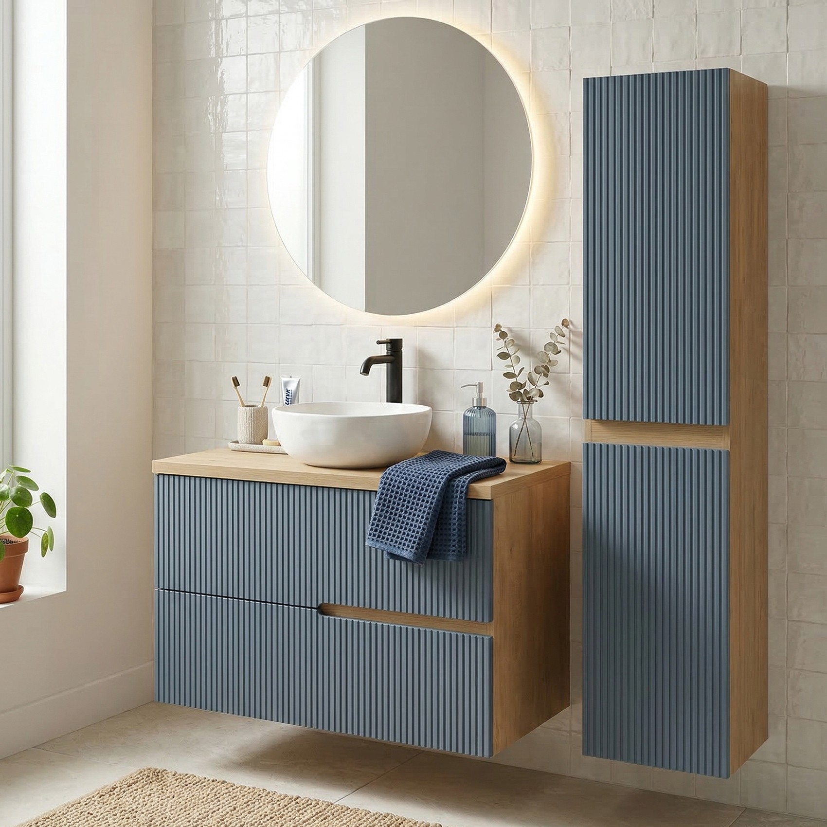 Ensemble Meuble Vasque À Poser L.80cm + 1 Colonne Suspendu Chêne