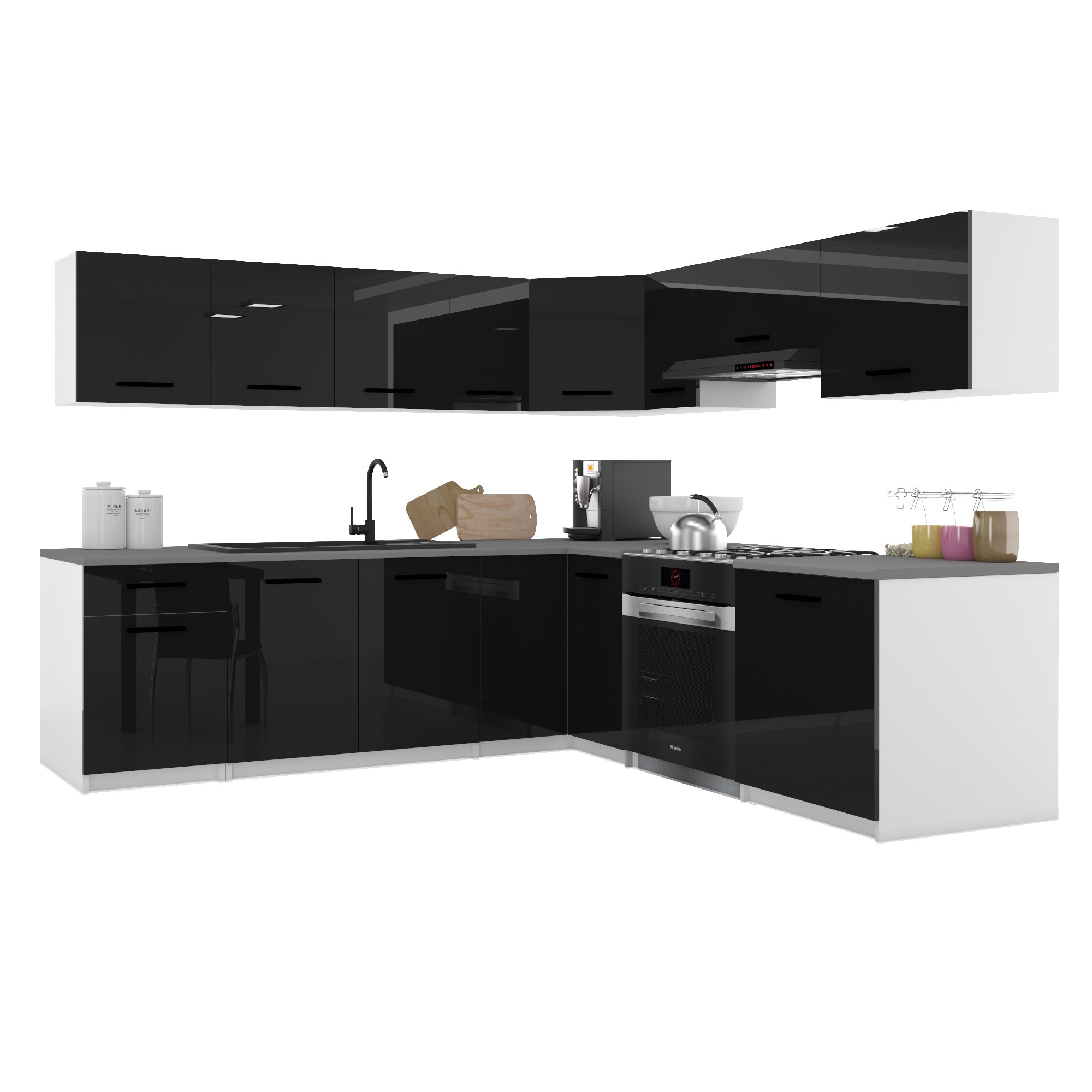Belini Italia 7 Cuisine Equipée Modulaire Complète - 420 Cm. Meubles Hauts Bas Avec Plan De Travail, Noir Très Brillant