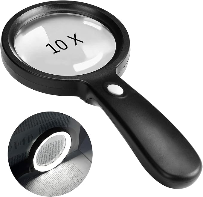 Loupe de poche 10x avec 12 LED, grand format 8,5 cm de diamètre