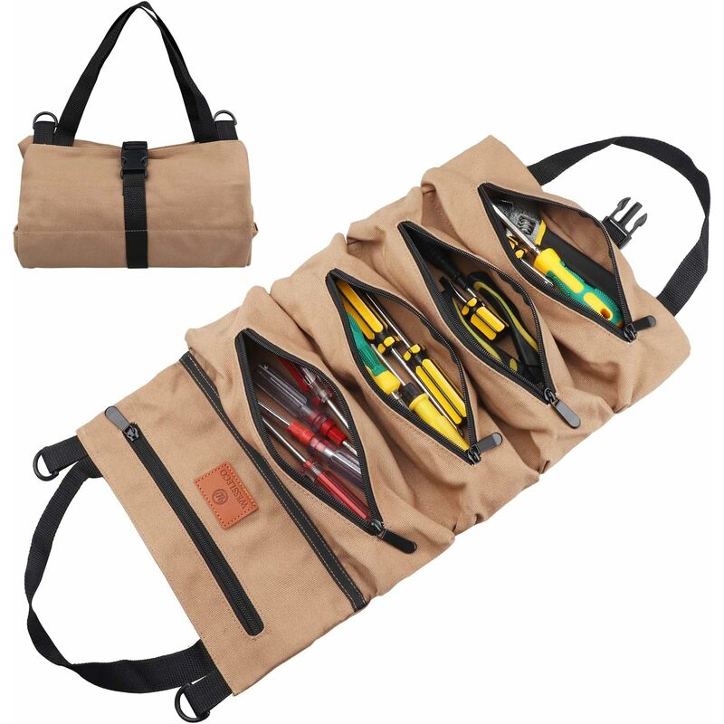 Sac à outils enroulable en toile, 5 poches zippées, 47 x 28 cm, kaki