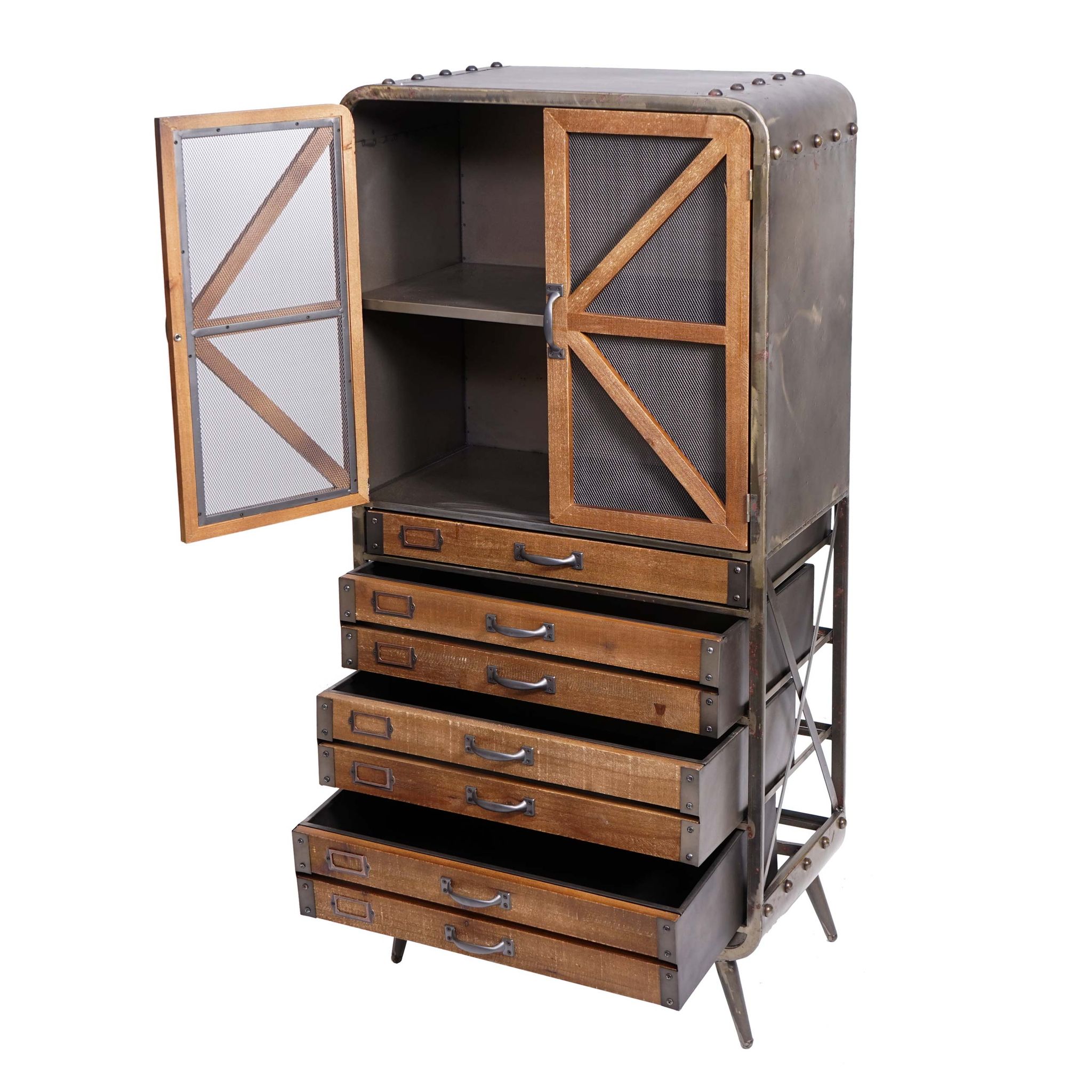 Décoshop26 – Buffet Haut En Bois De Sapin Et Métal – Design Industriel Marron-noir – Dimensions 128x60x33 Cm – 4 Tiroirs Et 2 Compartiments – 40005758